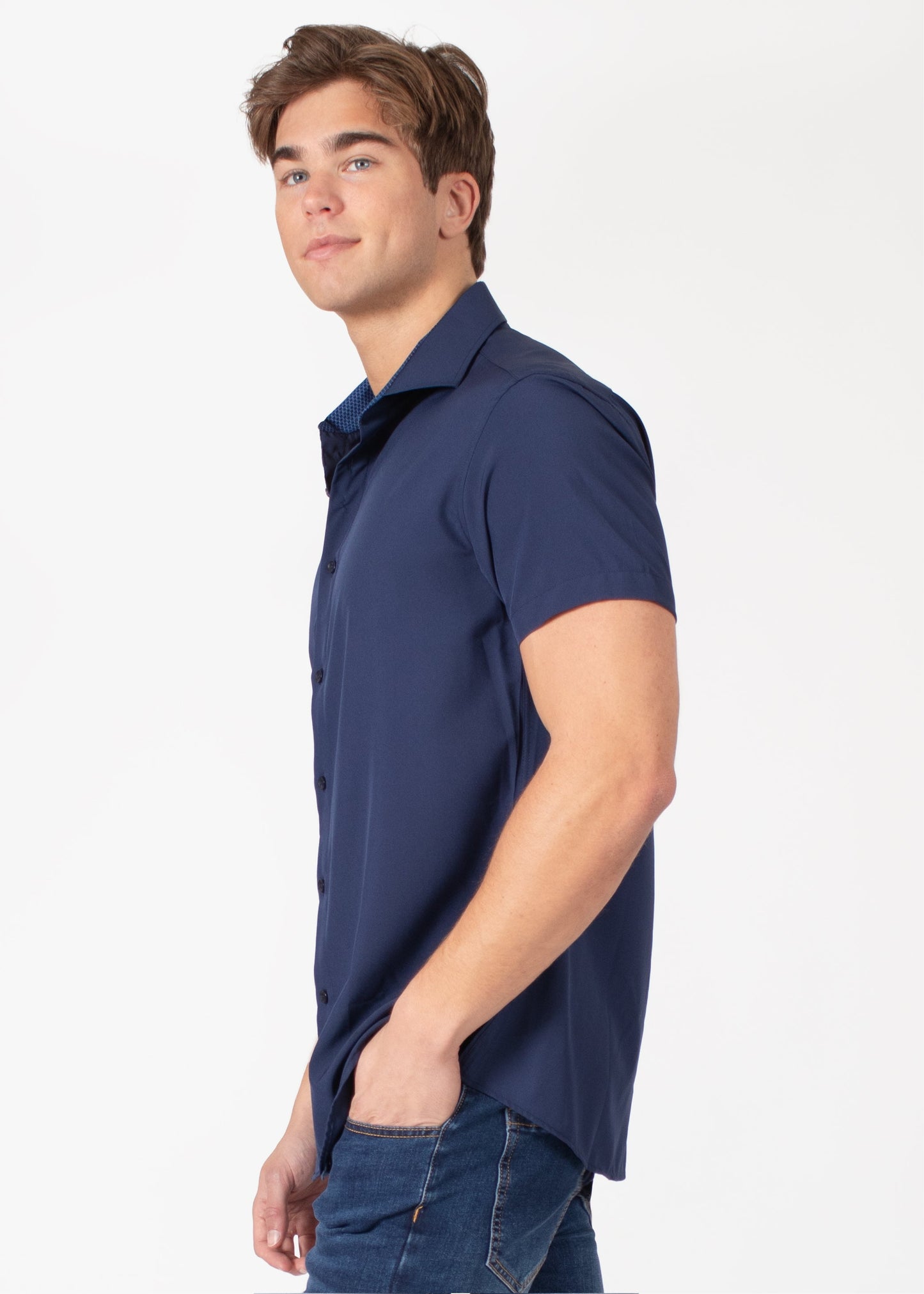 Bespoke short sleeve dress shirt. Textured collar Navy