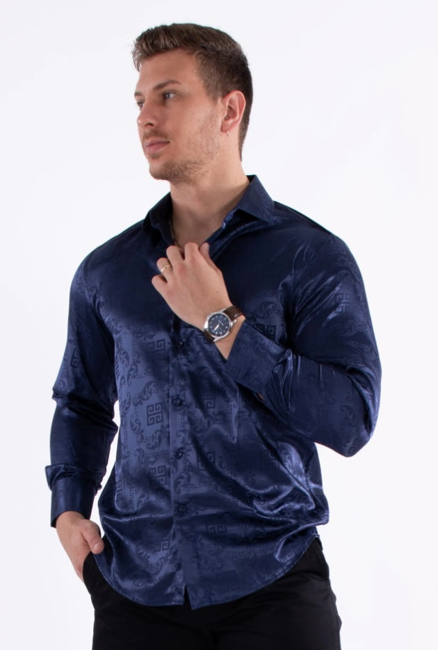 Bespoke Moda long sleeve button up dress shirt. Greek key navy shine