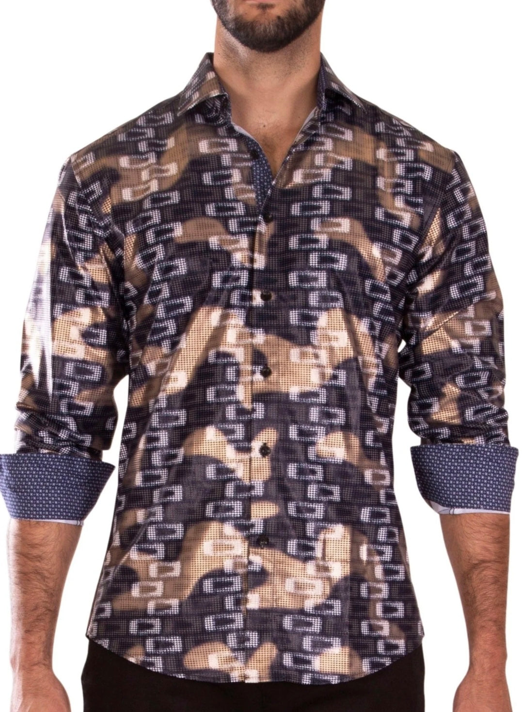 Bespoke Moda long sleeve button up dress shirt. Navy geo shine