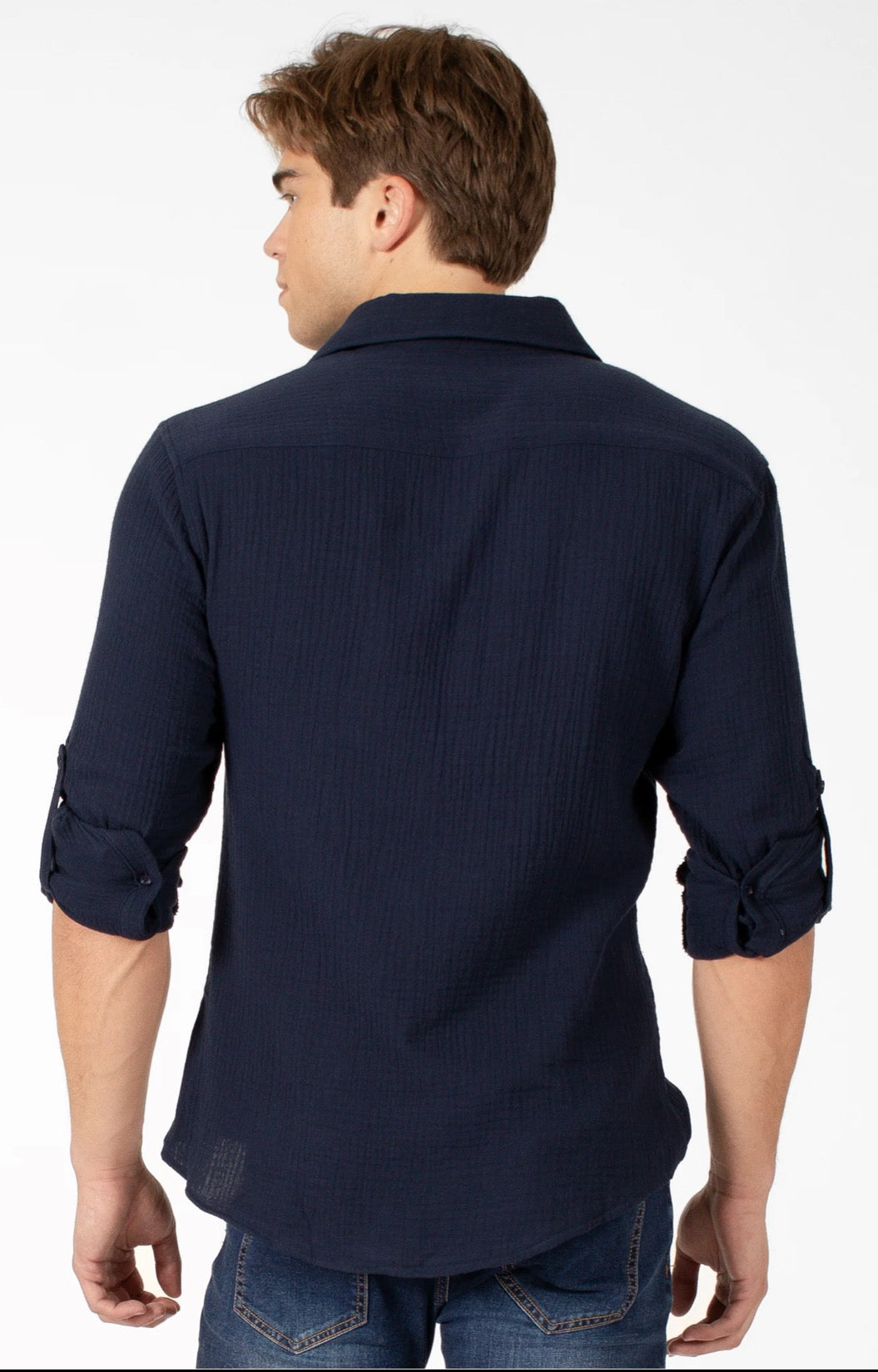 Bespoke textured cotton long sleeve button up dress shirt. Navy