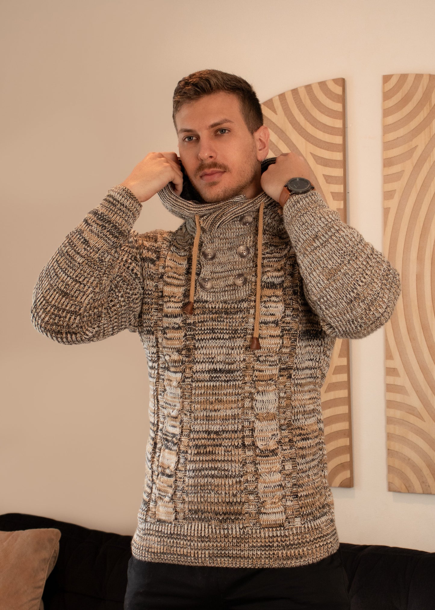 Bespoke Ribbed knit faux fur hooded pullover slim fit sweater - Beige