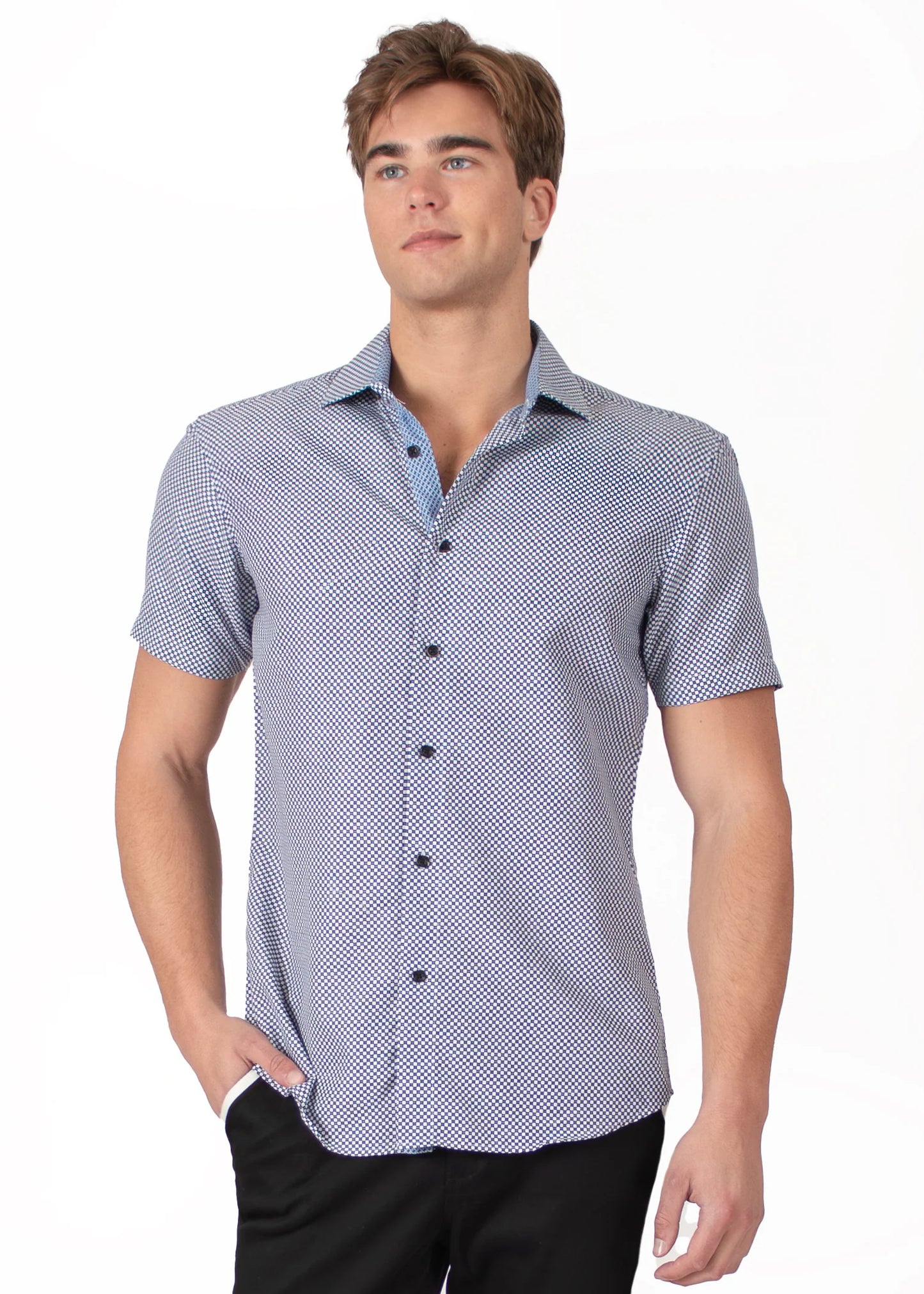 Bespoke bc collection button up dress shirt. Dot dash blue
