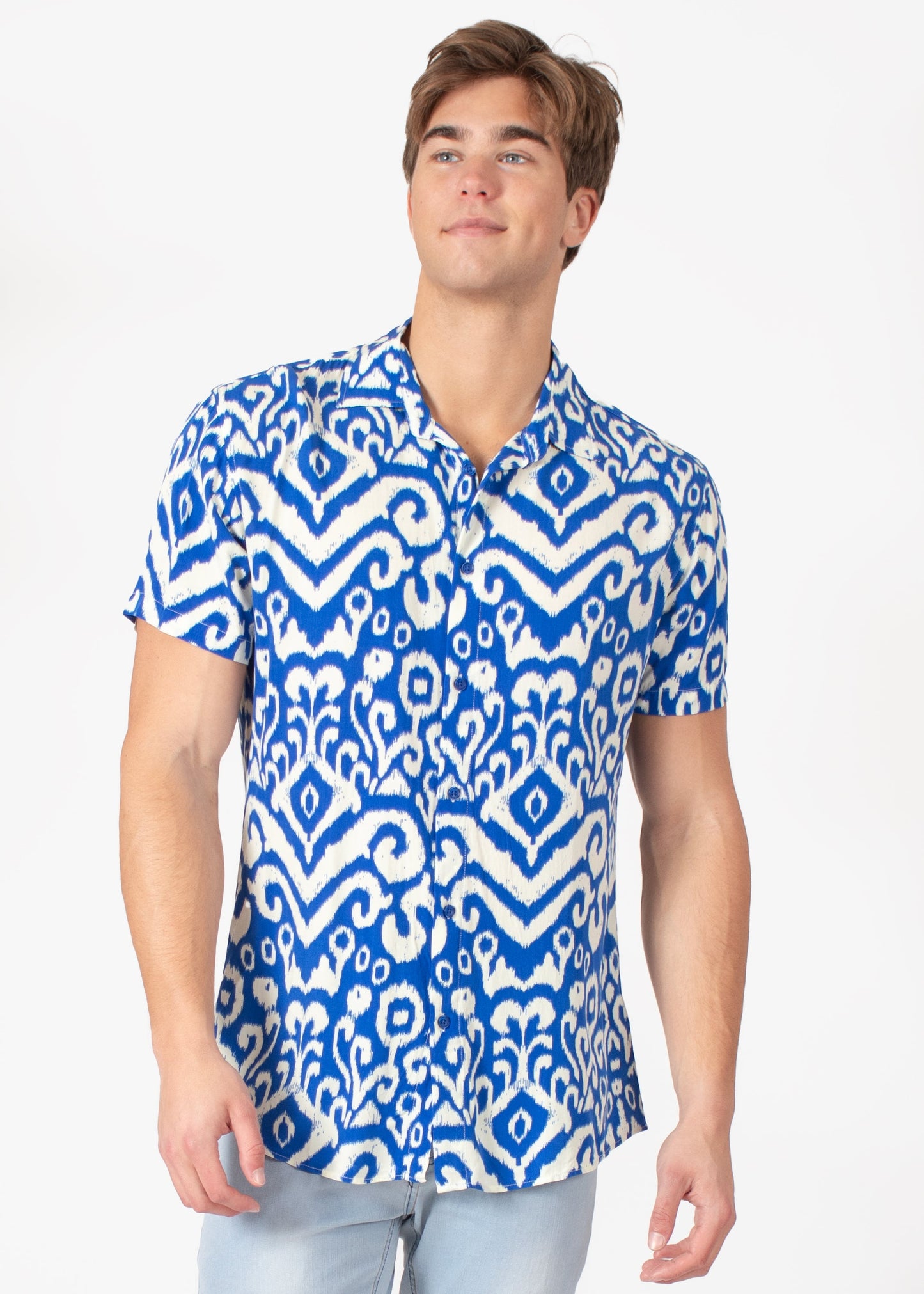 Bespoke short sleeve dress shirt. Geo print royal