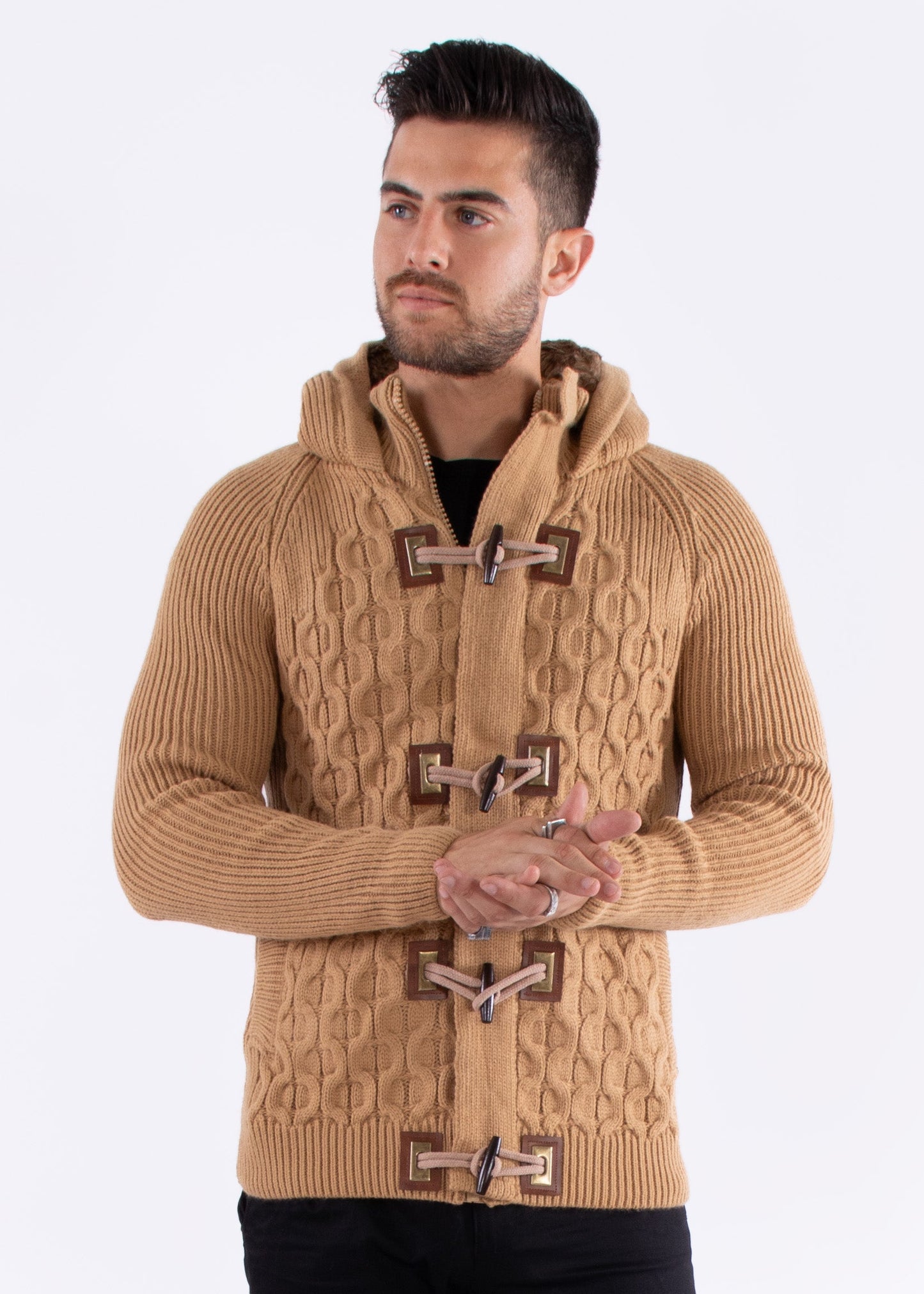 Bespoke Faux fur-lined hood full zipper European slim fit sweater - Tan