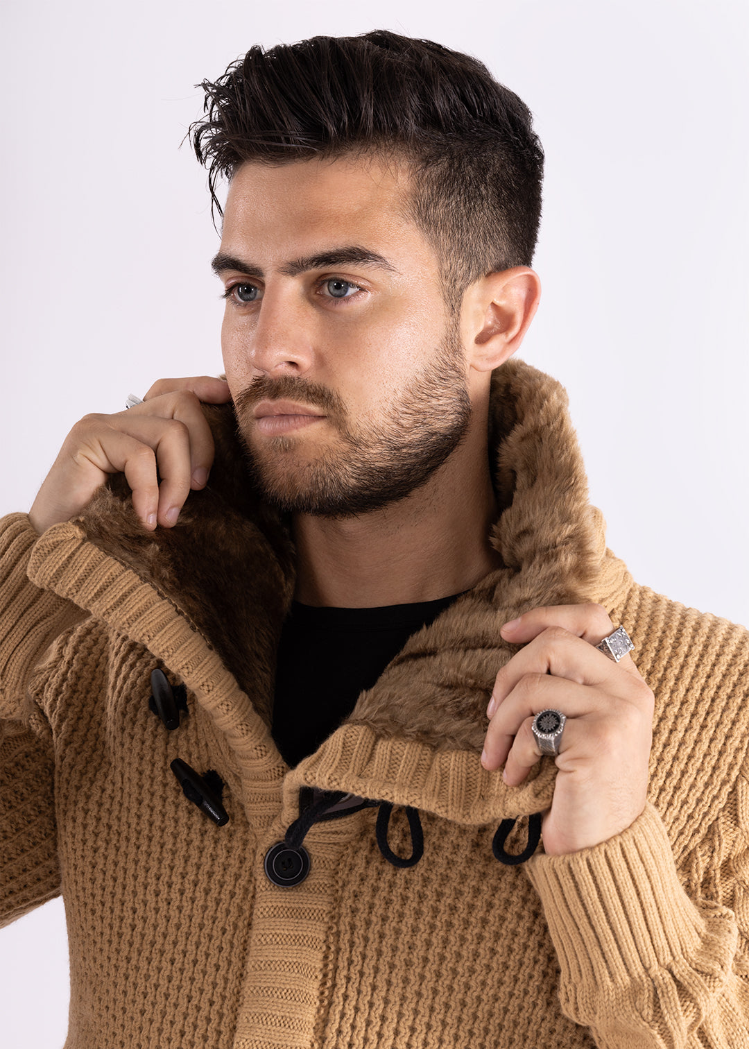 Bespoke Faux fur-lined collar button up slim fit sweater
