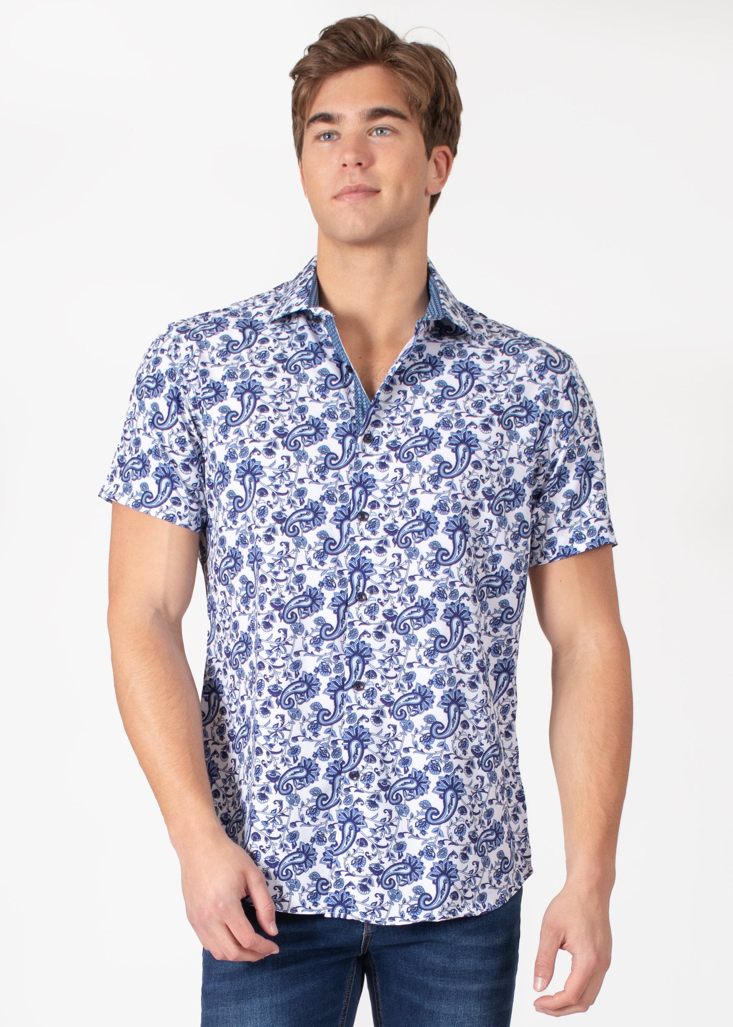 Bespoke short sleeve dress shirt. Blue paisley
