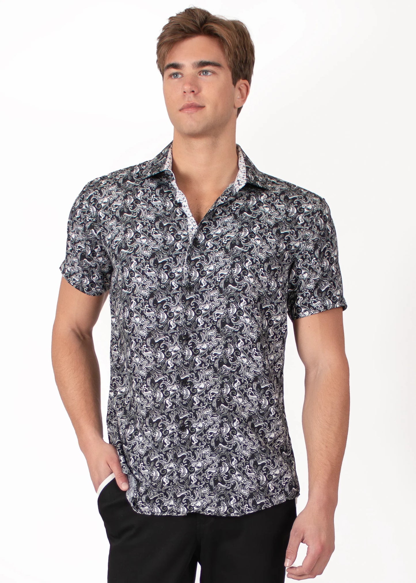 Bespoke bc collection button up dress shirt. Paisley black