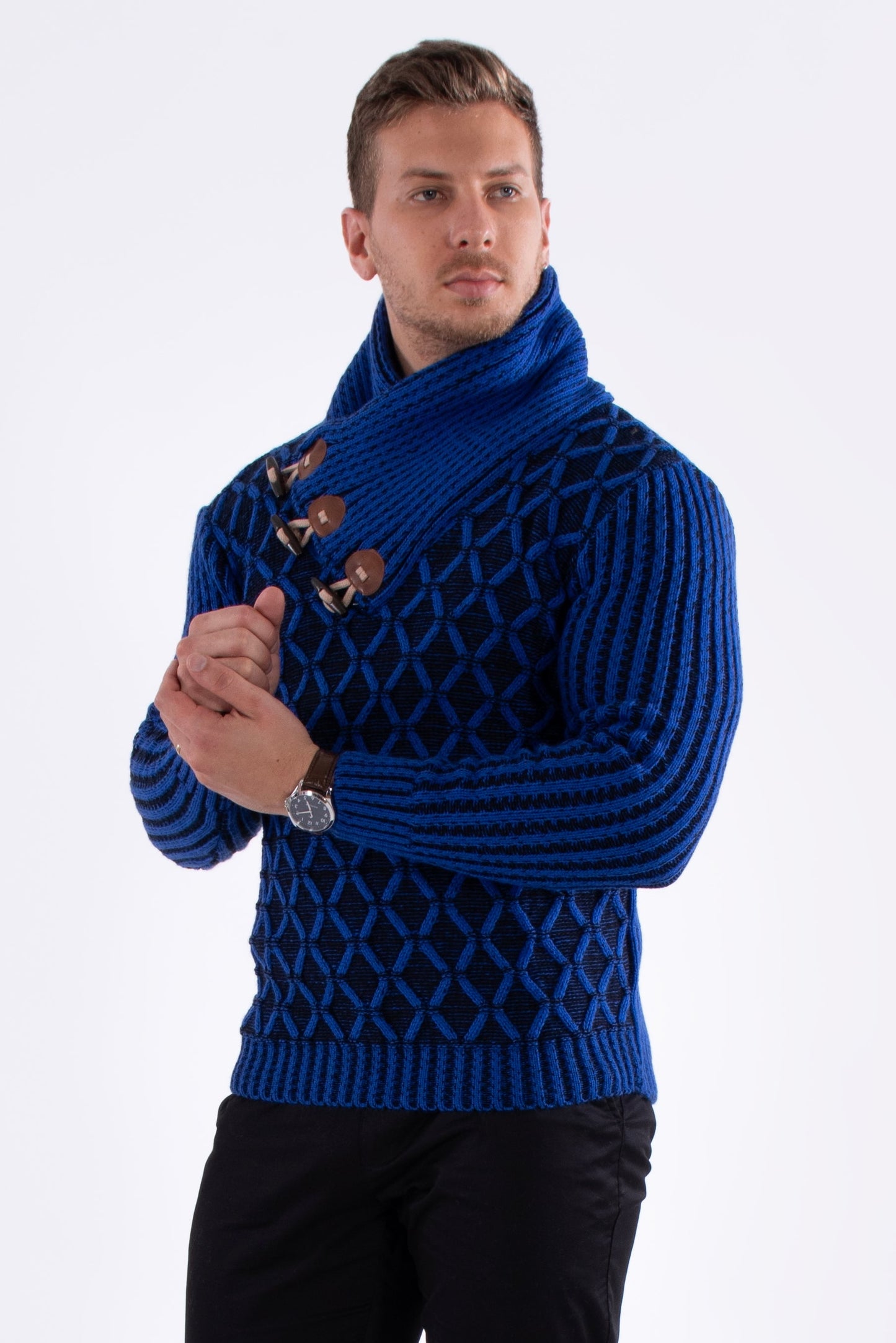 Bespoke Ribbed slim fit high-neck pullover sweater - Blue