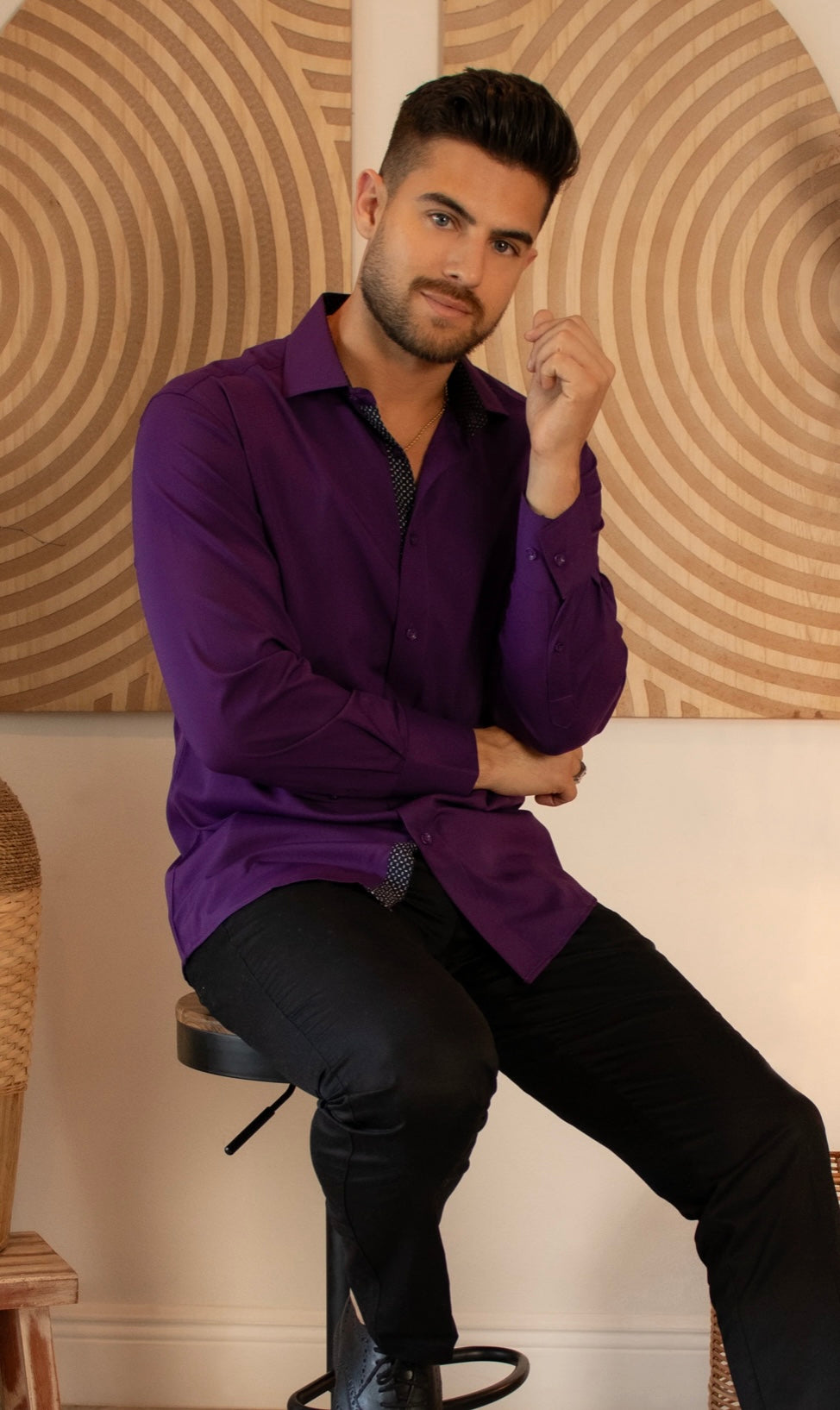 Bespoke Performance stretch fit long sleeve button up dress shirt. Purple