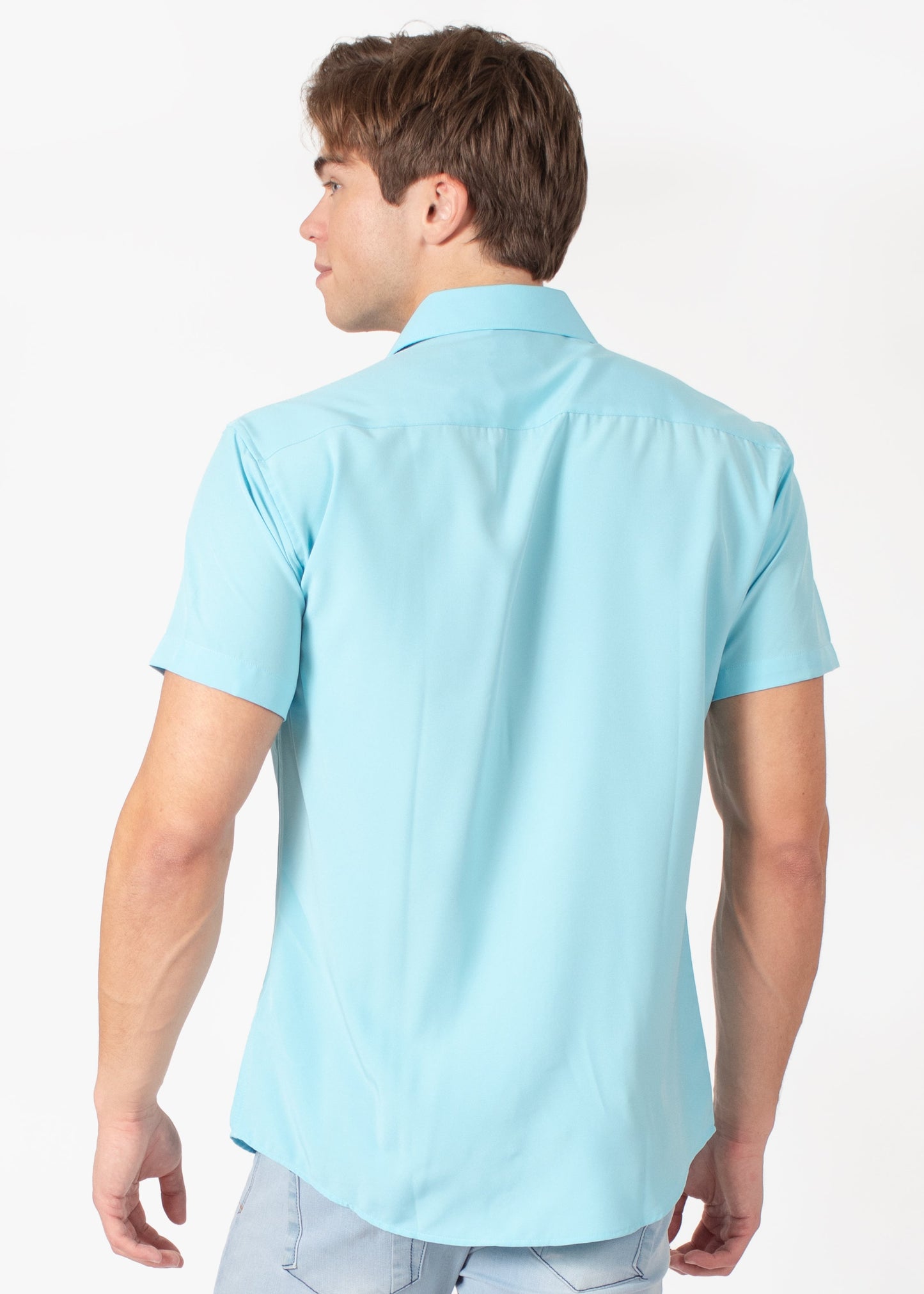 Bespoke short sleeve dress shirt. Textured collar turquoise