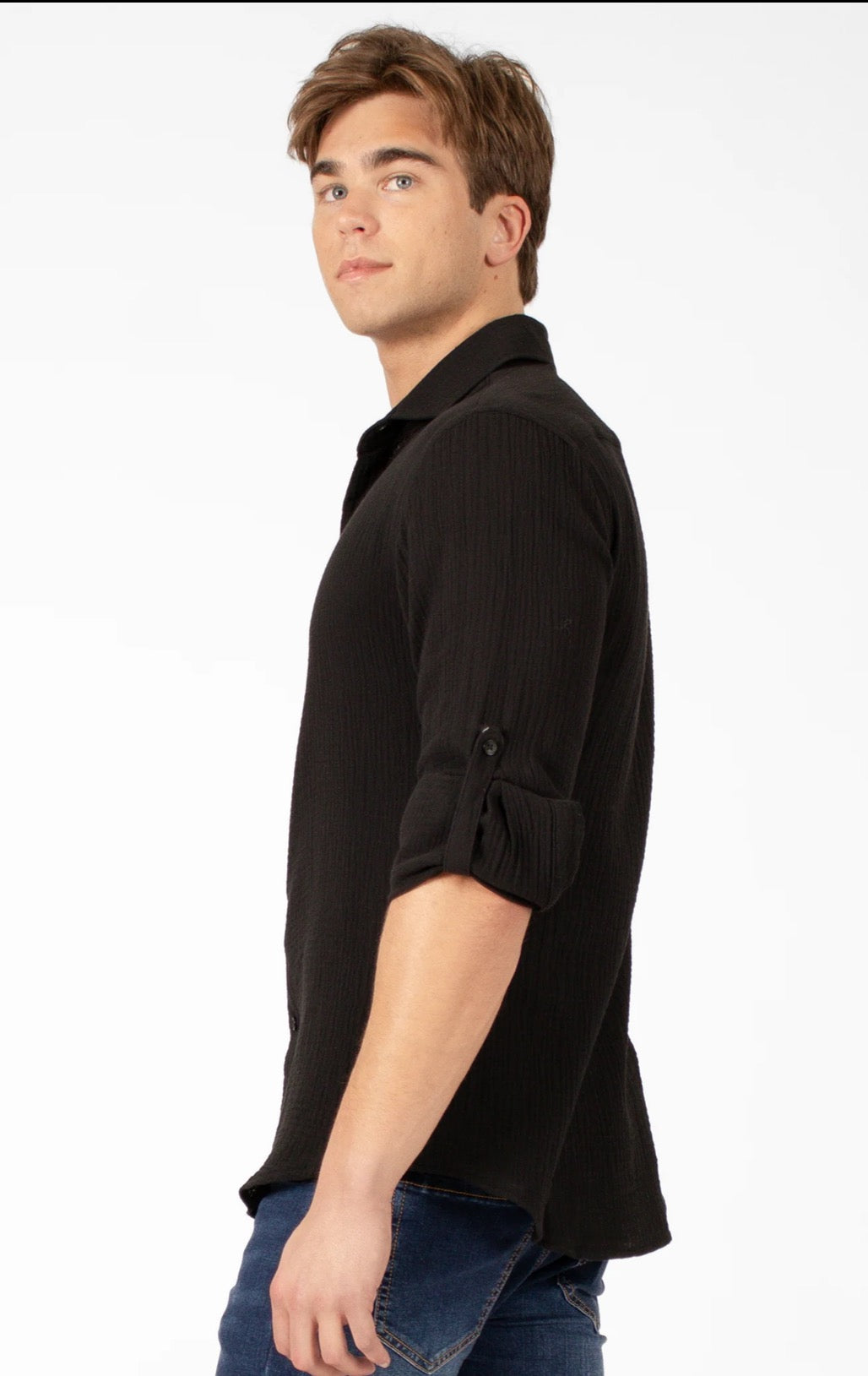 Bespoke textured cotton long sleeve button up dress shirt. Black