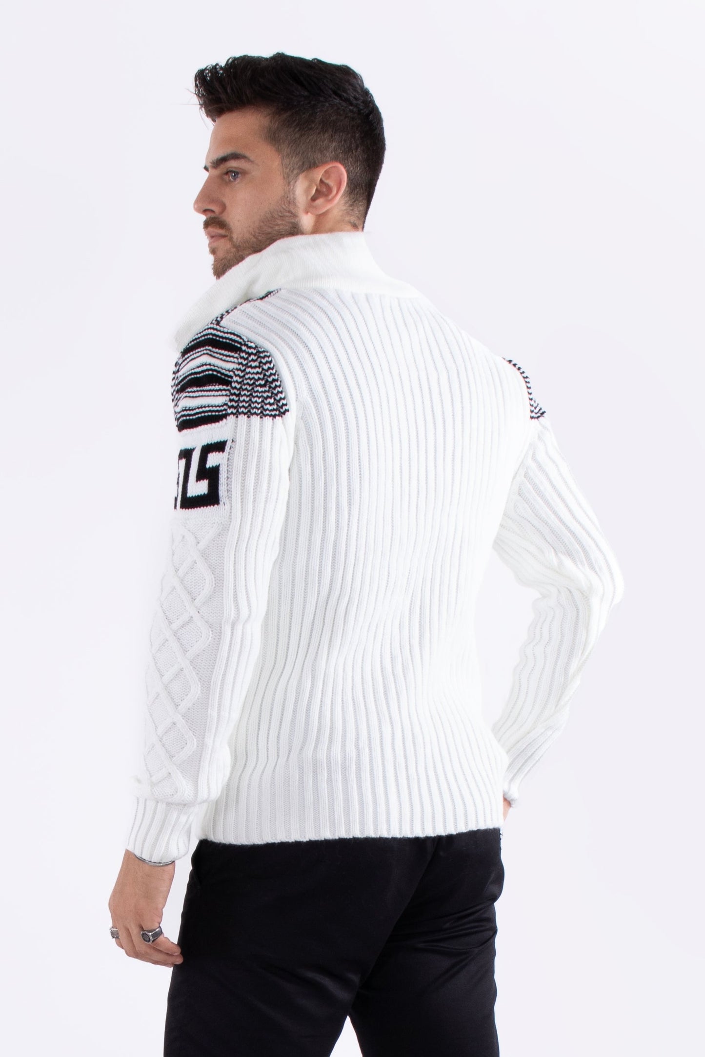 Bespoke zip collar cable knit greek key pullover slim fit sweater