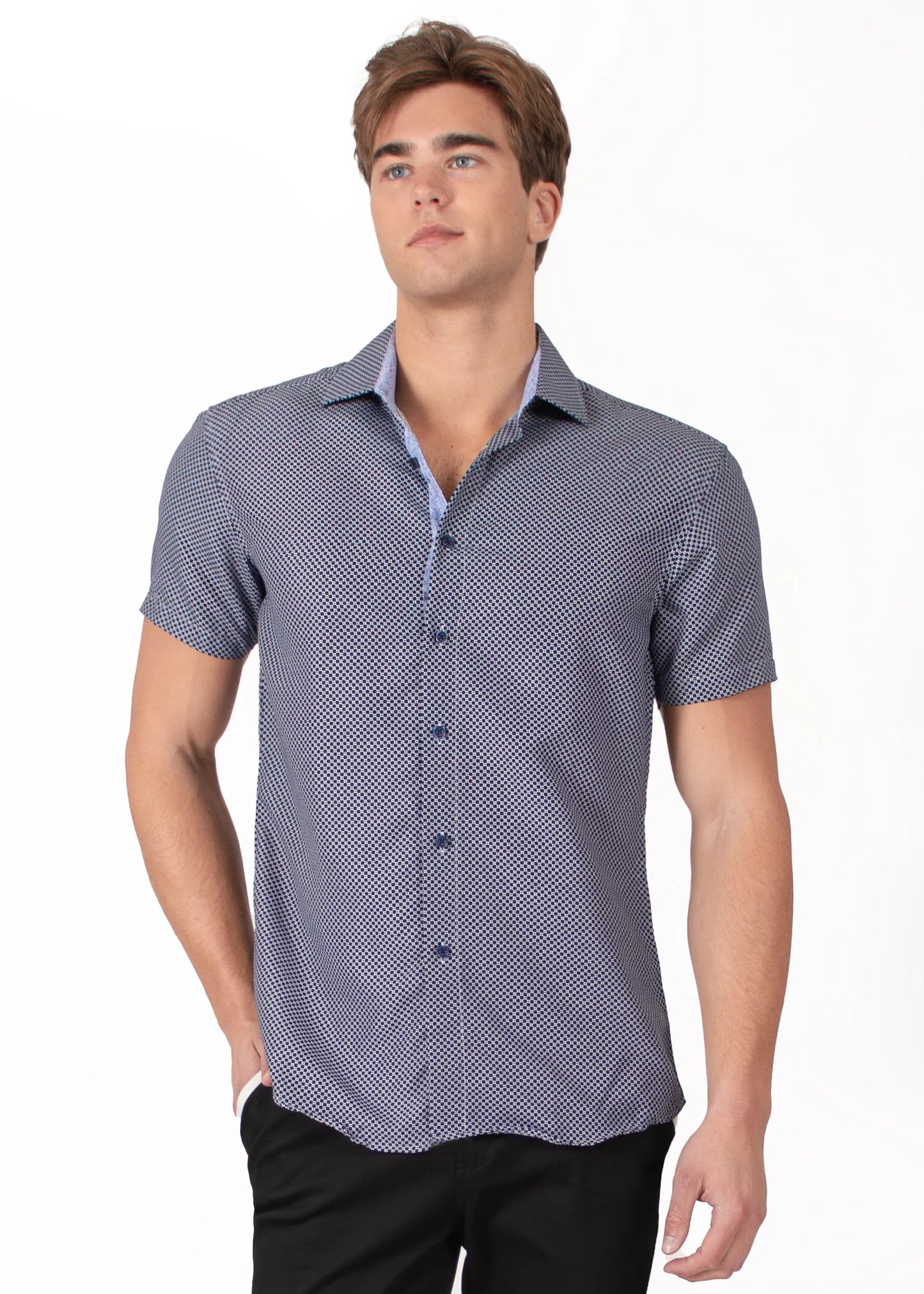 Bespoke bc collection button up dress shirt. Dot dash navy