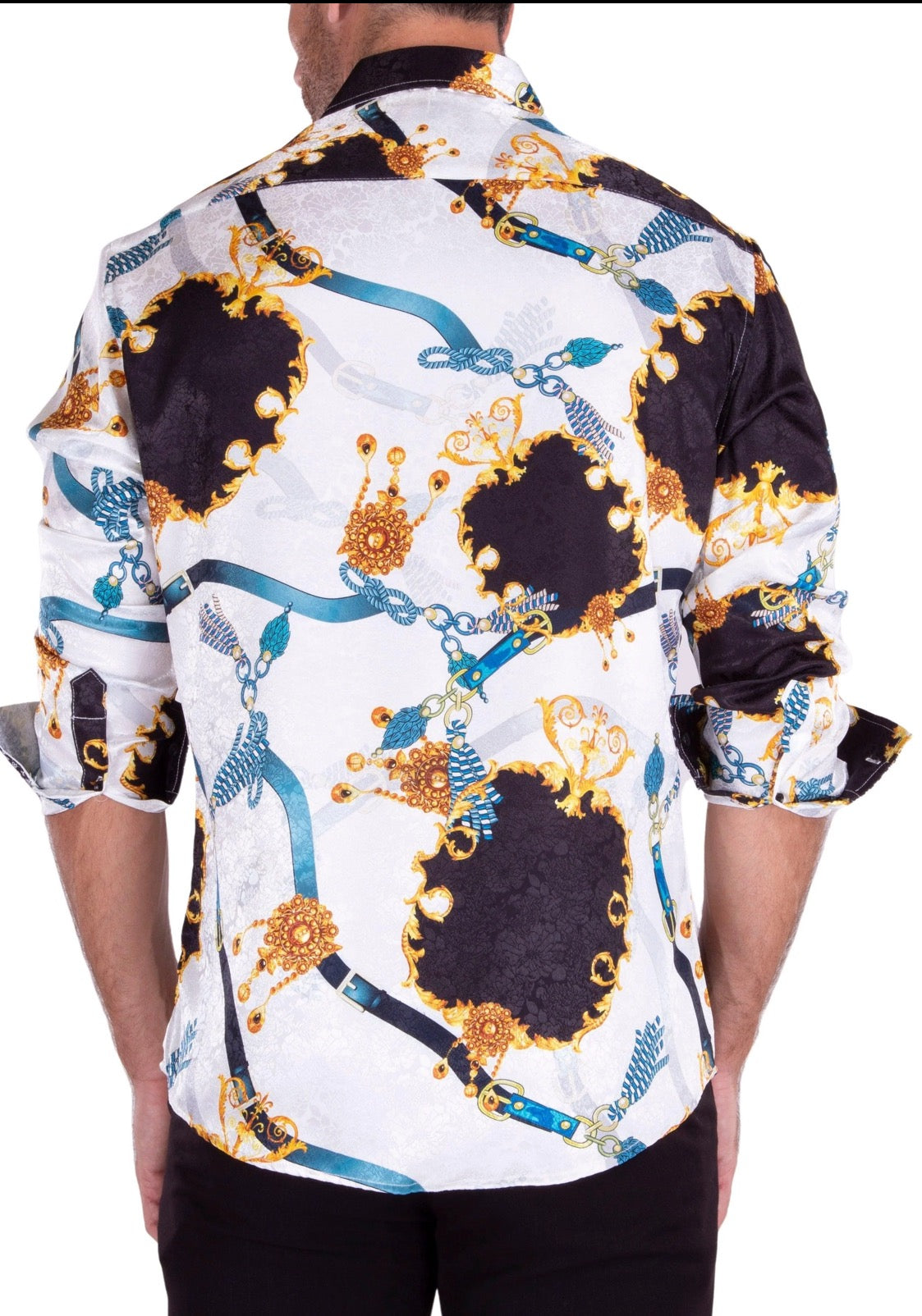 Bespoke Moda long sleeve button up dress shirt. White Baroque motif silk texture