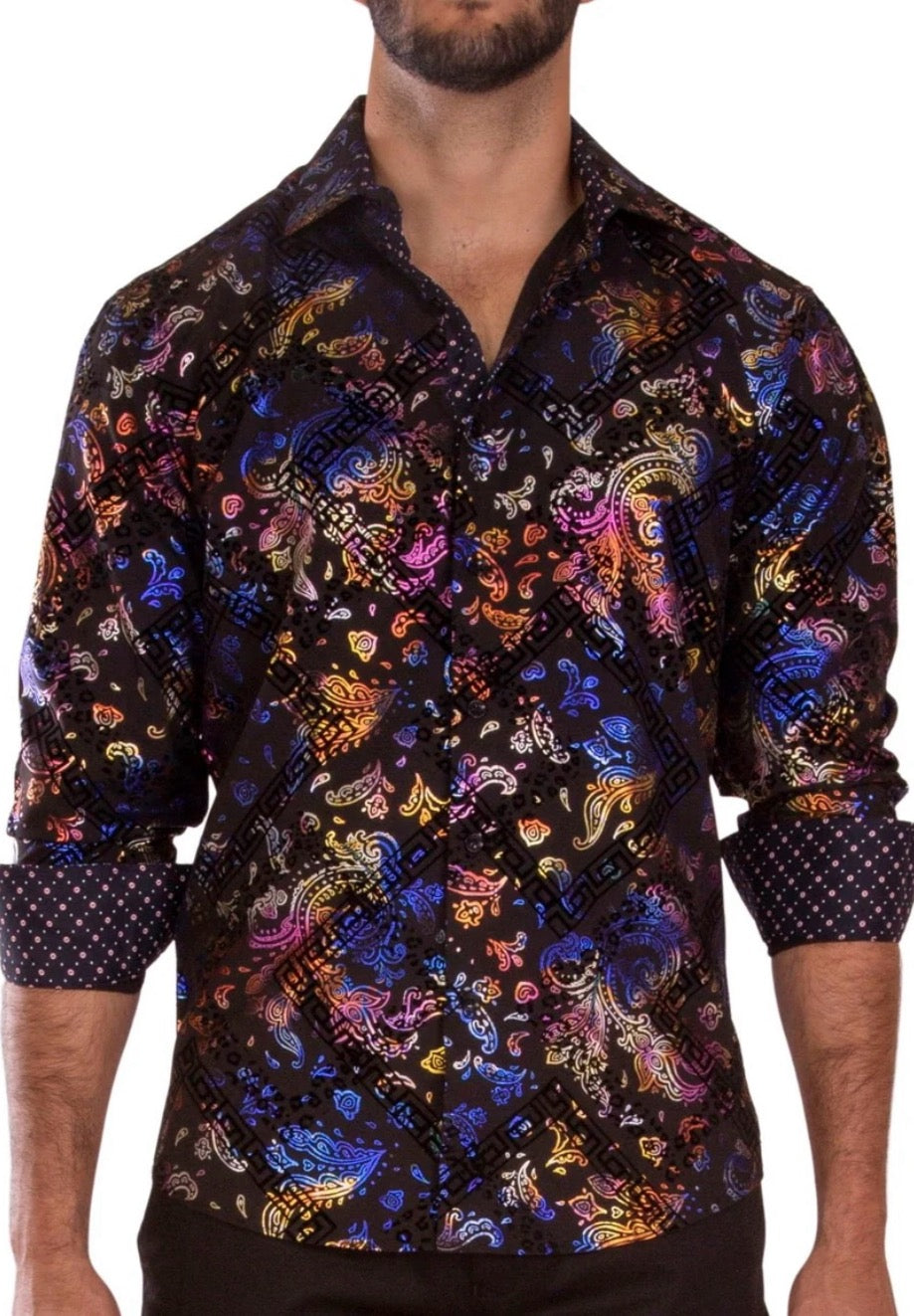 Bespoke Velvet Greek key long sleeve button up shirt