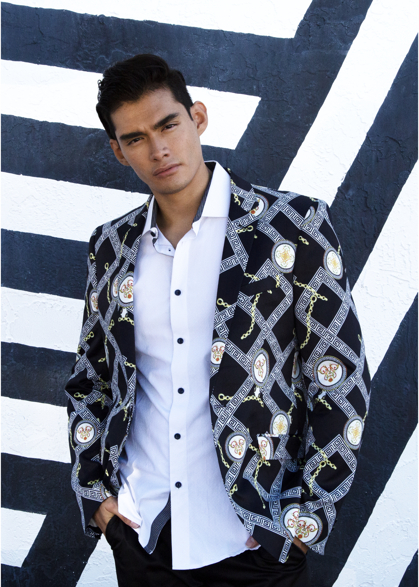 Bespoke Moda Greek Key Imperial Print Blazer Black