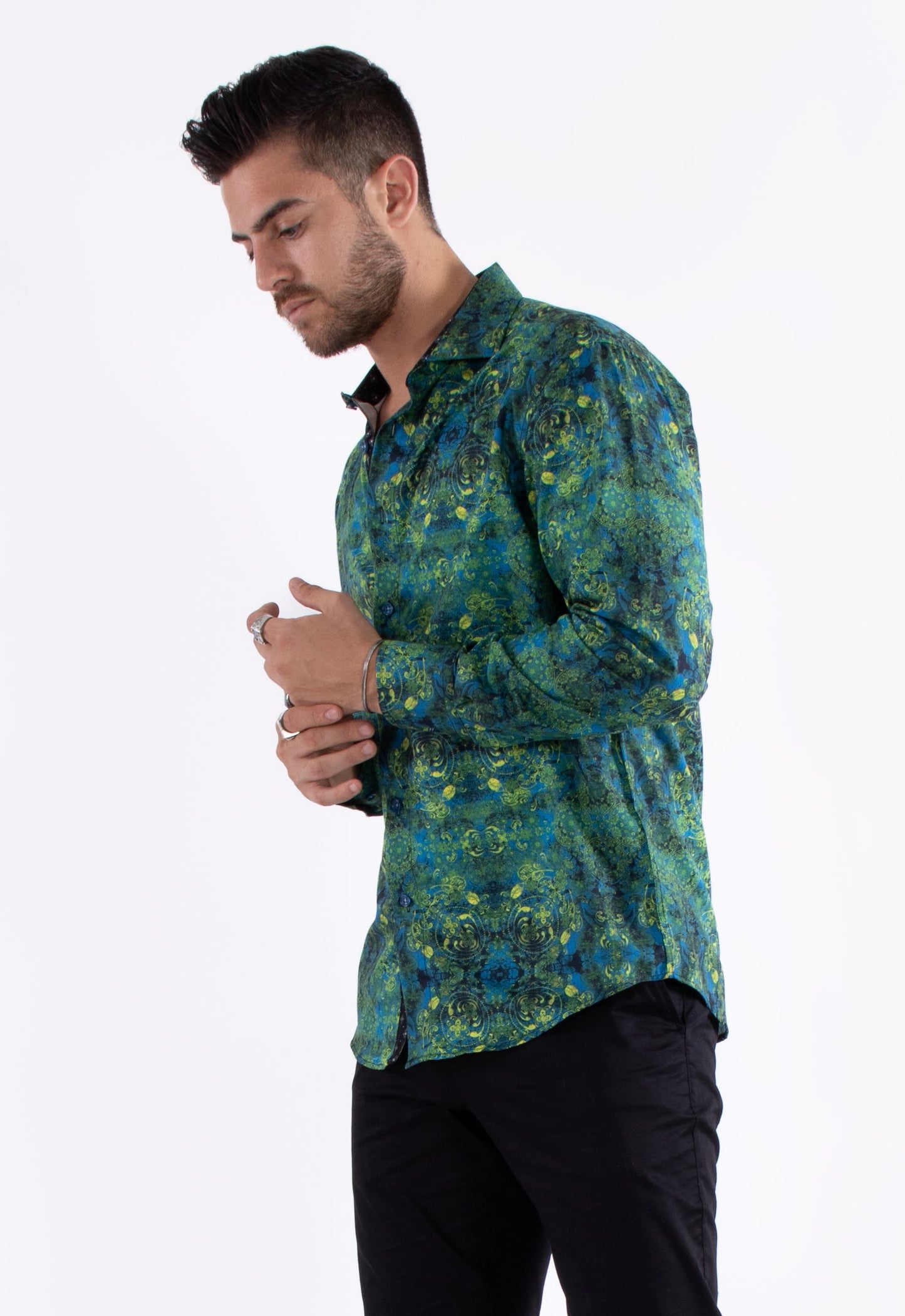 Bespoke Moda long sleeve button up dress shirt. Green retro