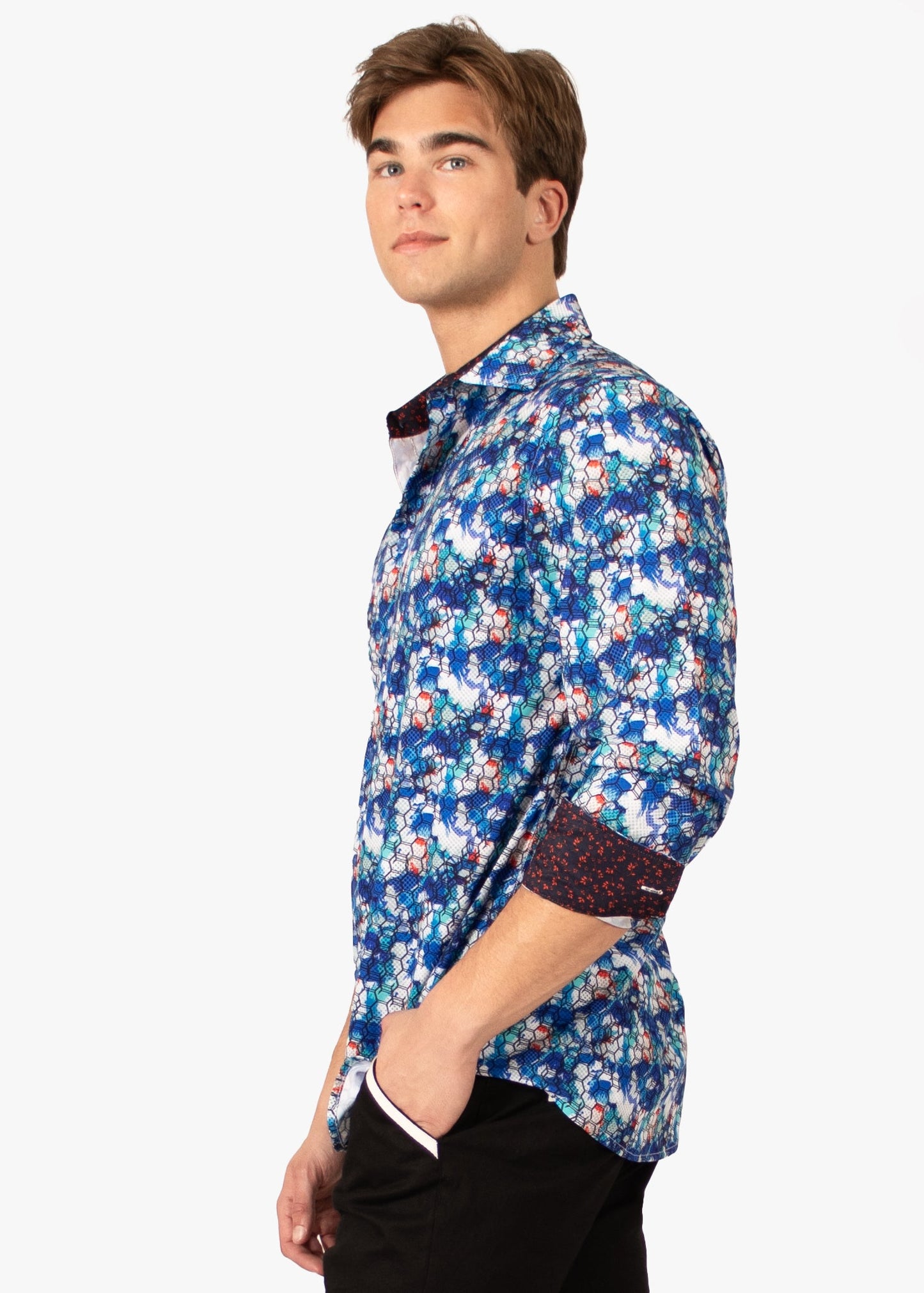 Bespoke Moda long sleeve button up dress shirt. Blue octagon