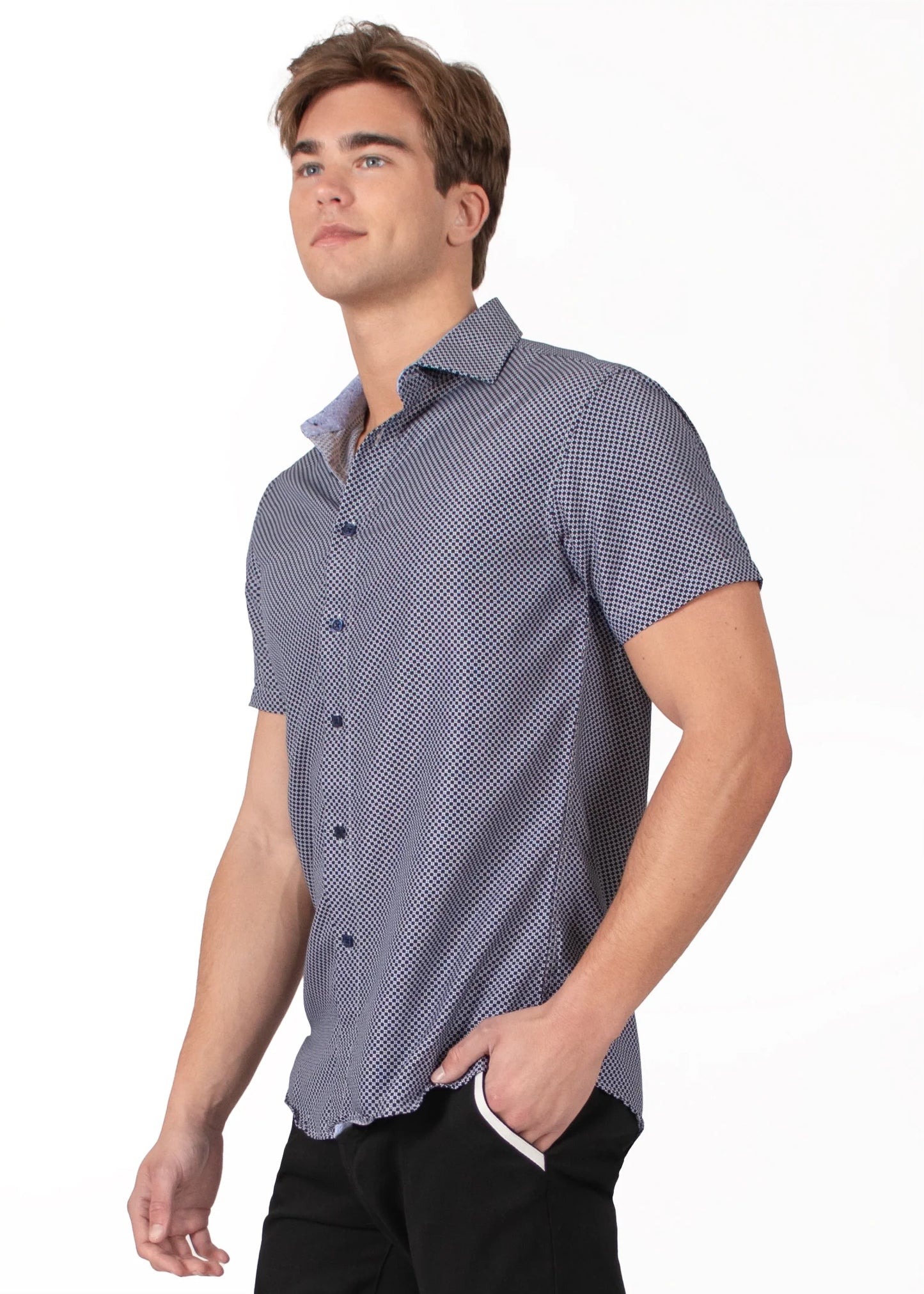 Bespoke bc collection button up dress shirt. Dot dash navy