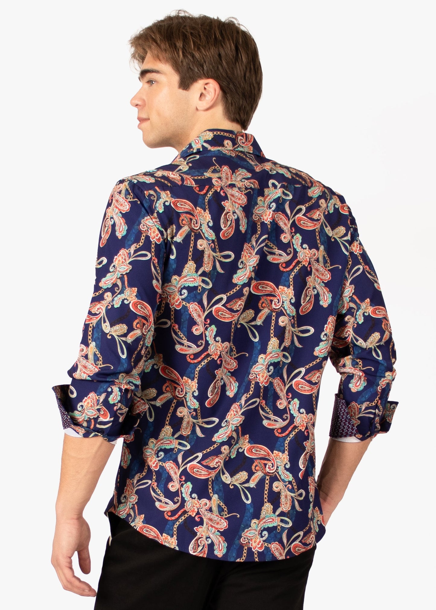 Bespoke Moda long sleeve button up dress shirt. Paisley garden navy