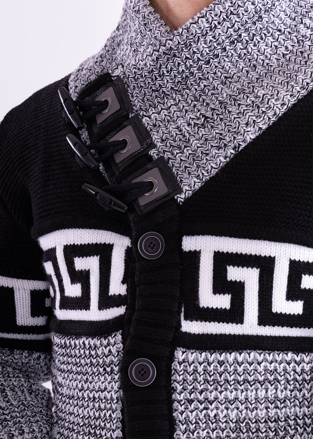 Bespoke greek key button up slim fit sweater - Black