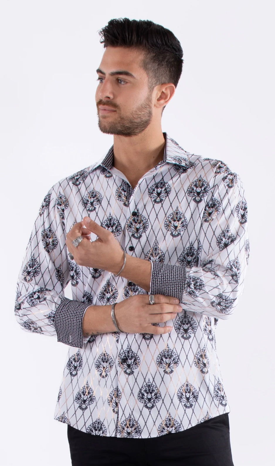 Bespoke Moda long sleeve button up dress shirt. White diagonal lines fleur