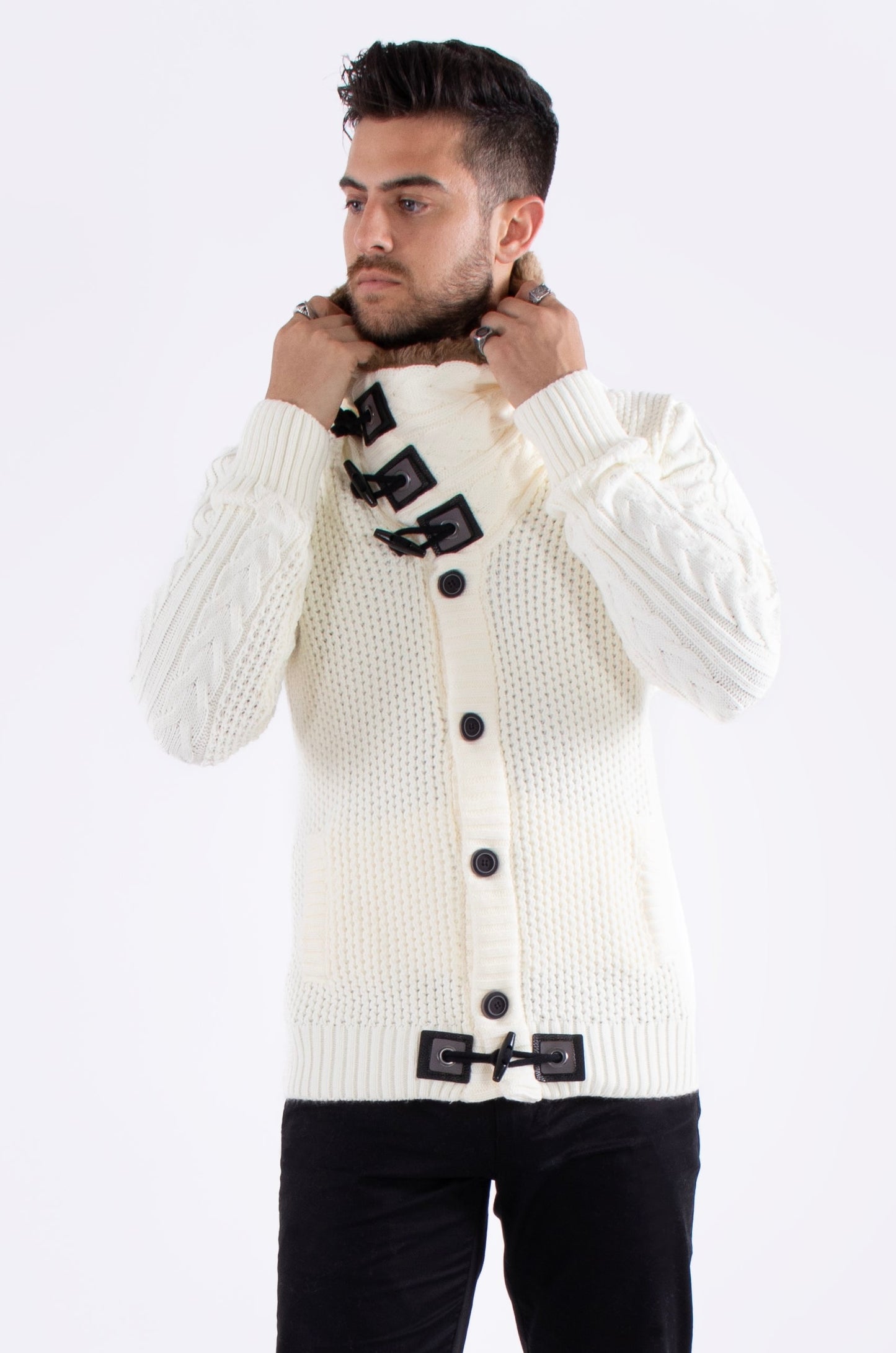Bespoke Faux fur-lined collar button up slim fit sweater