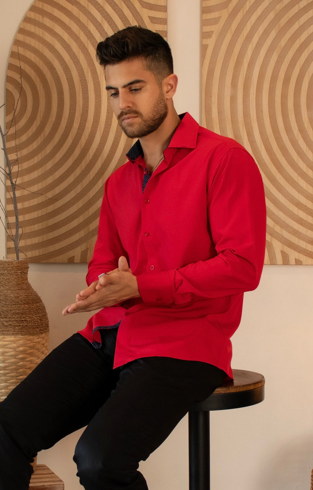 Bespoke Performance stretch fit long sleeve button up dress shirt. Red