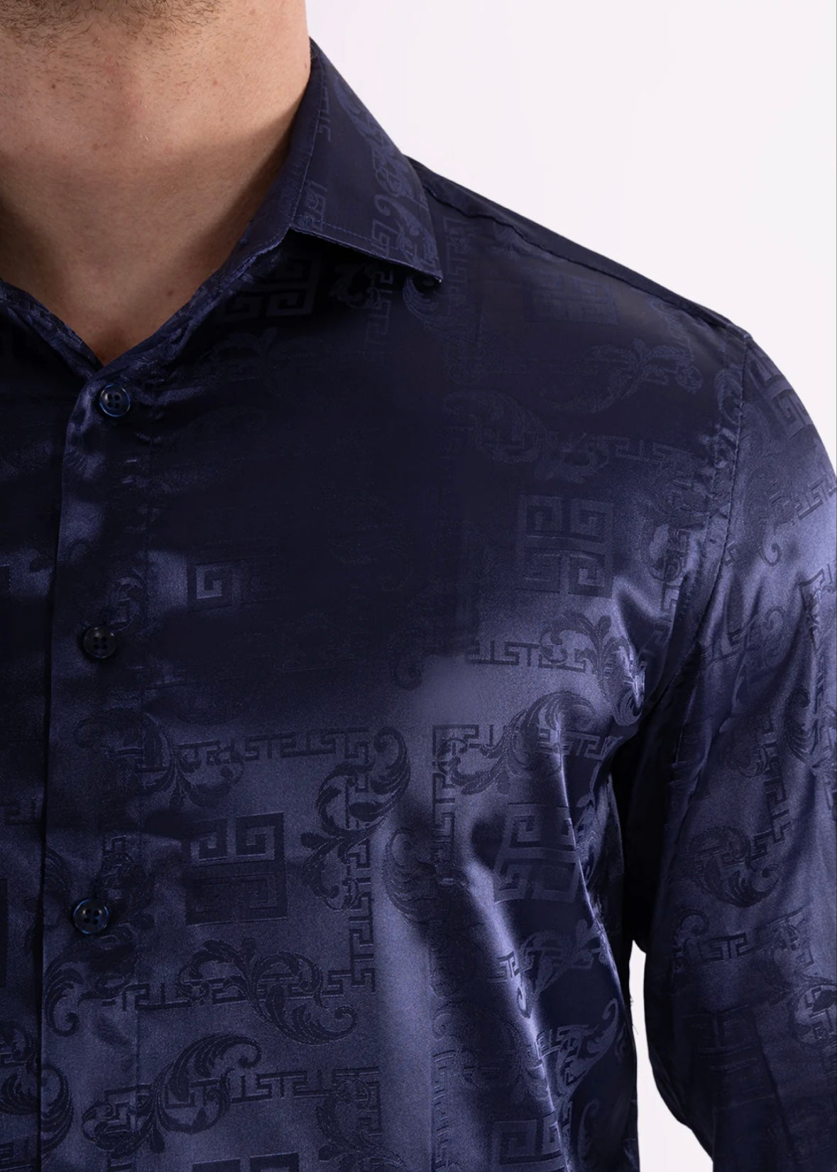 Bespoke Moda long sleeve button up dress shirt. Greek key navy shine