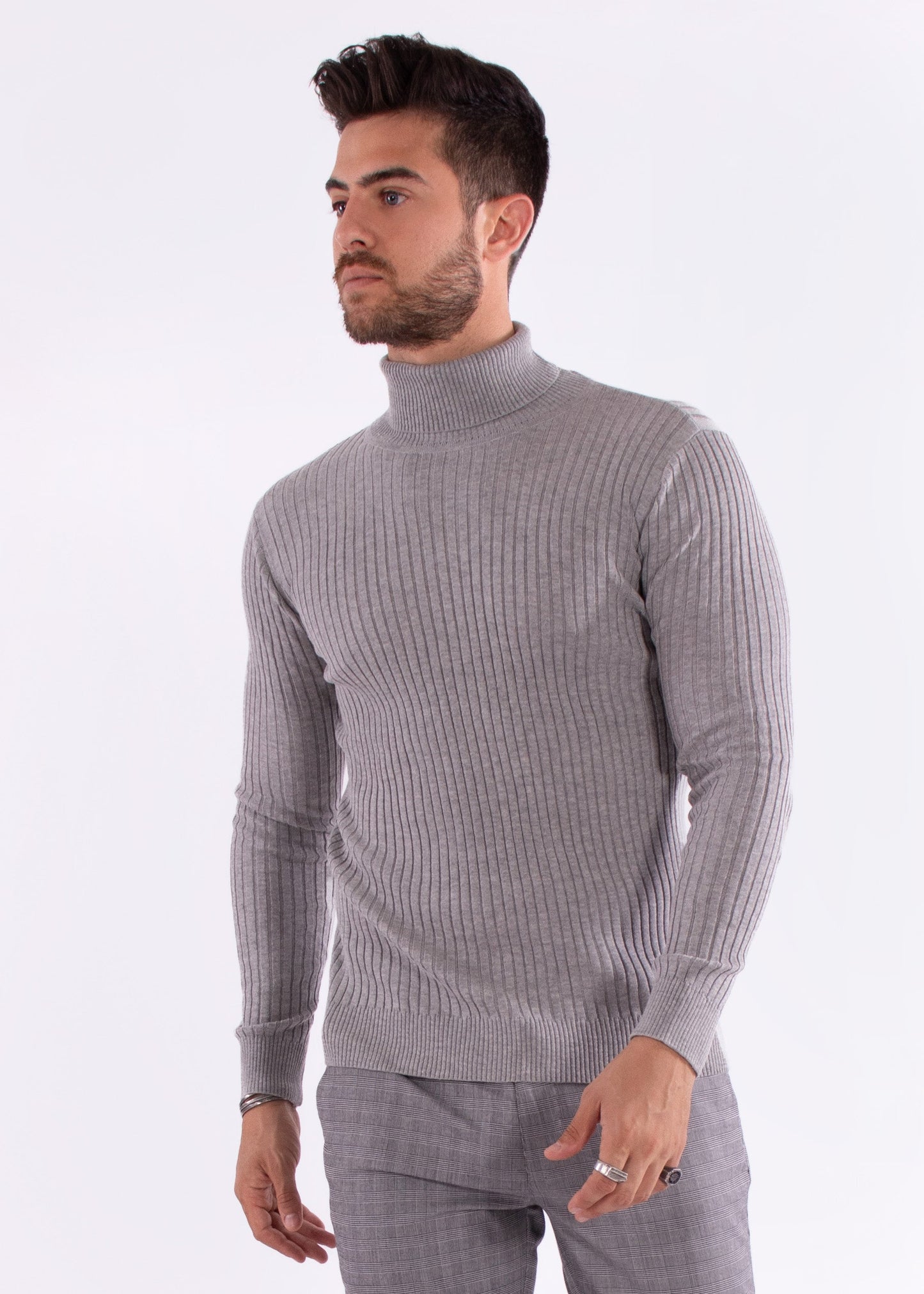 Bespoke turtleneck ribbed European slim fit sweater - gray