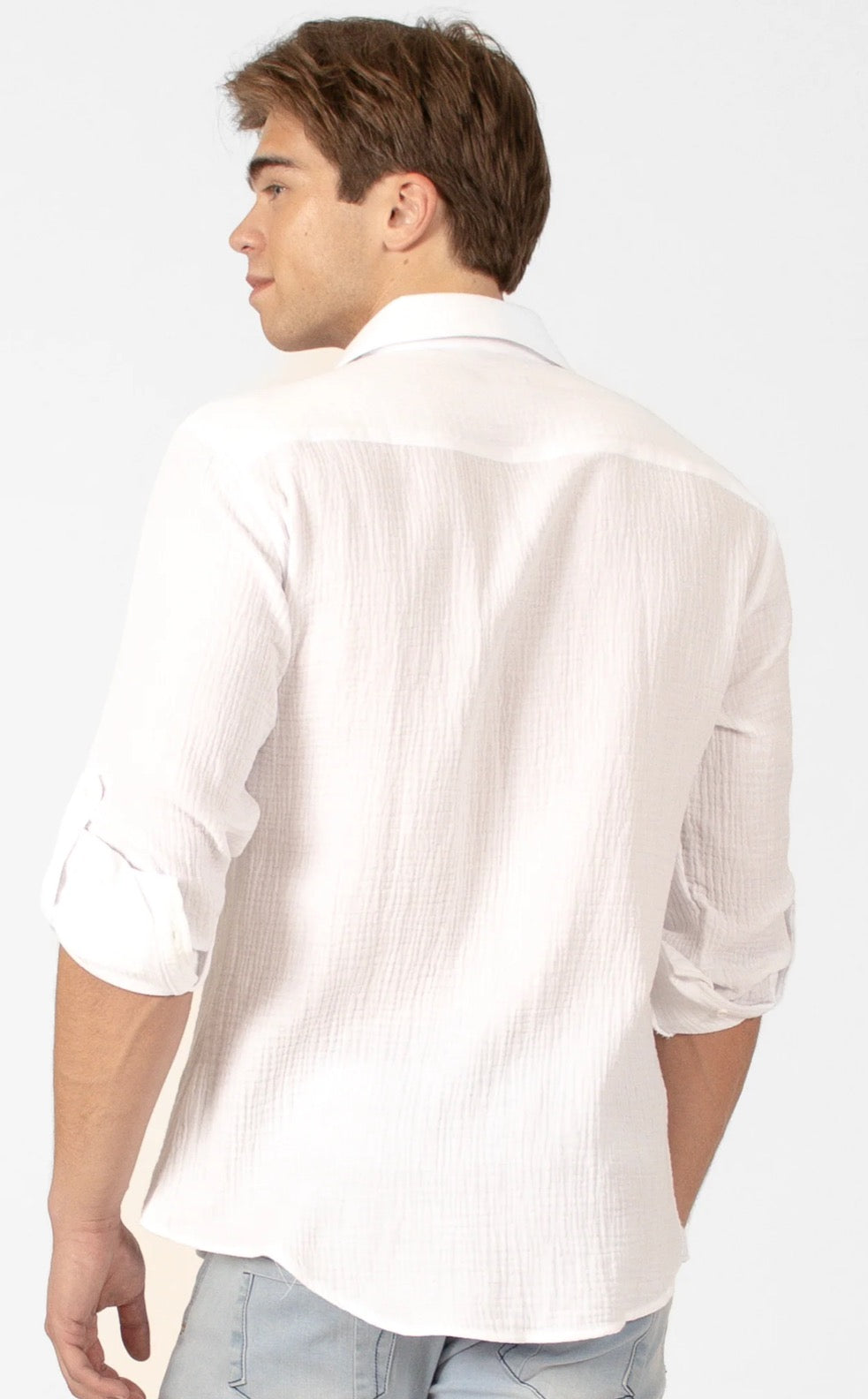 Bespoke textured cotton long sleeve button up dress shirt. White