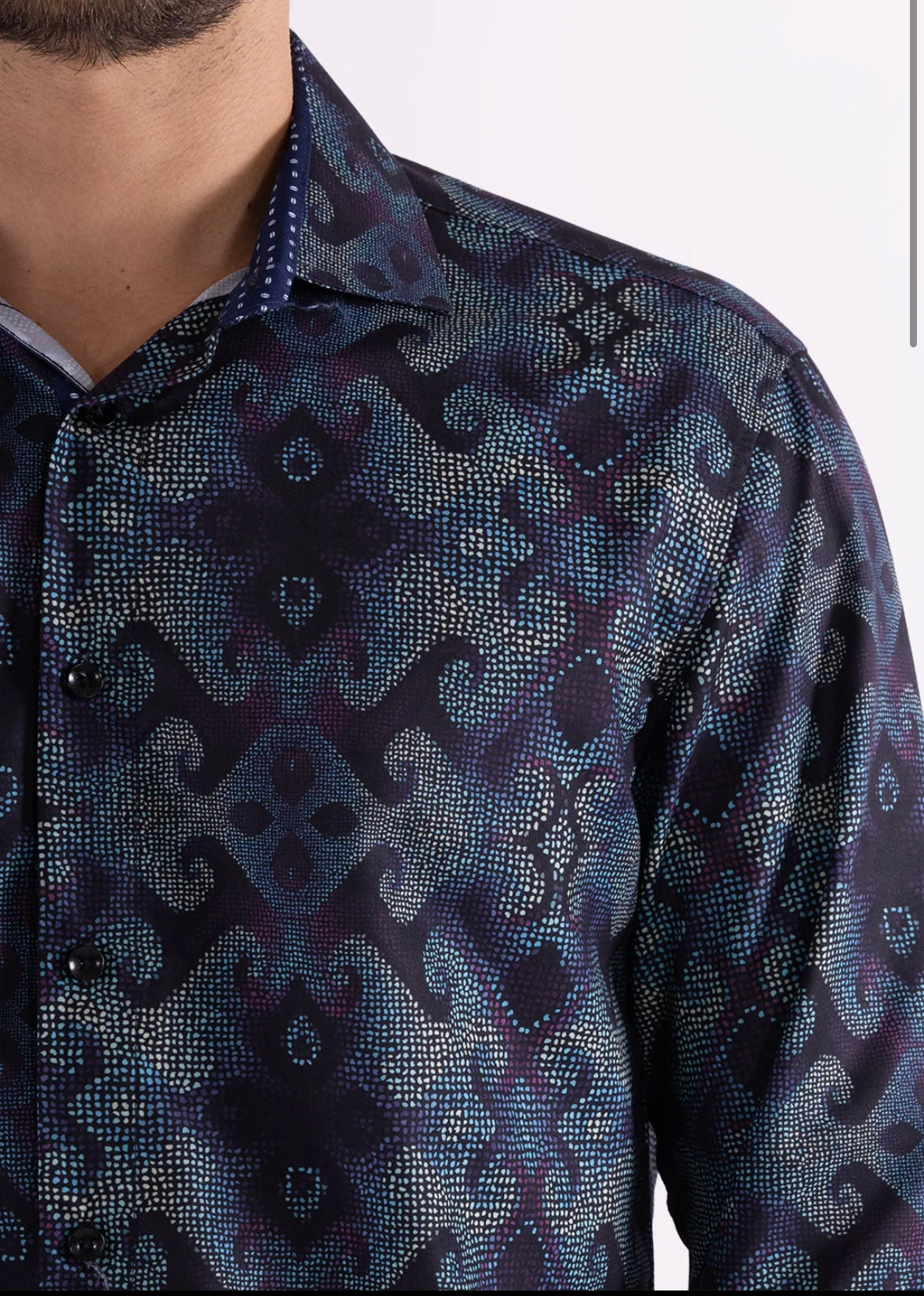 Bespoke Moda long sleeve button up dress shirt. Navy & green retro