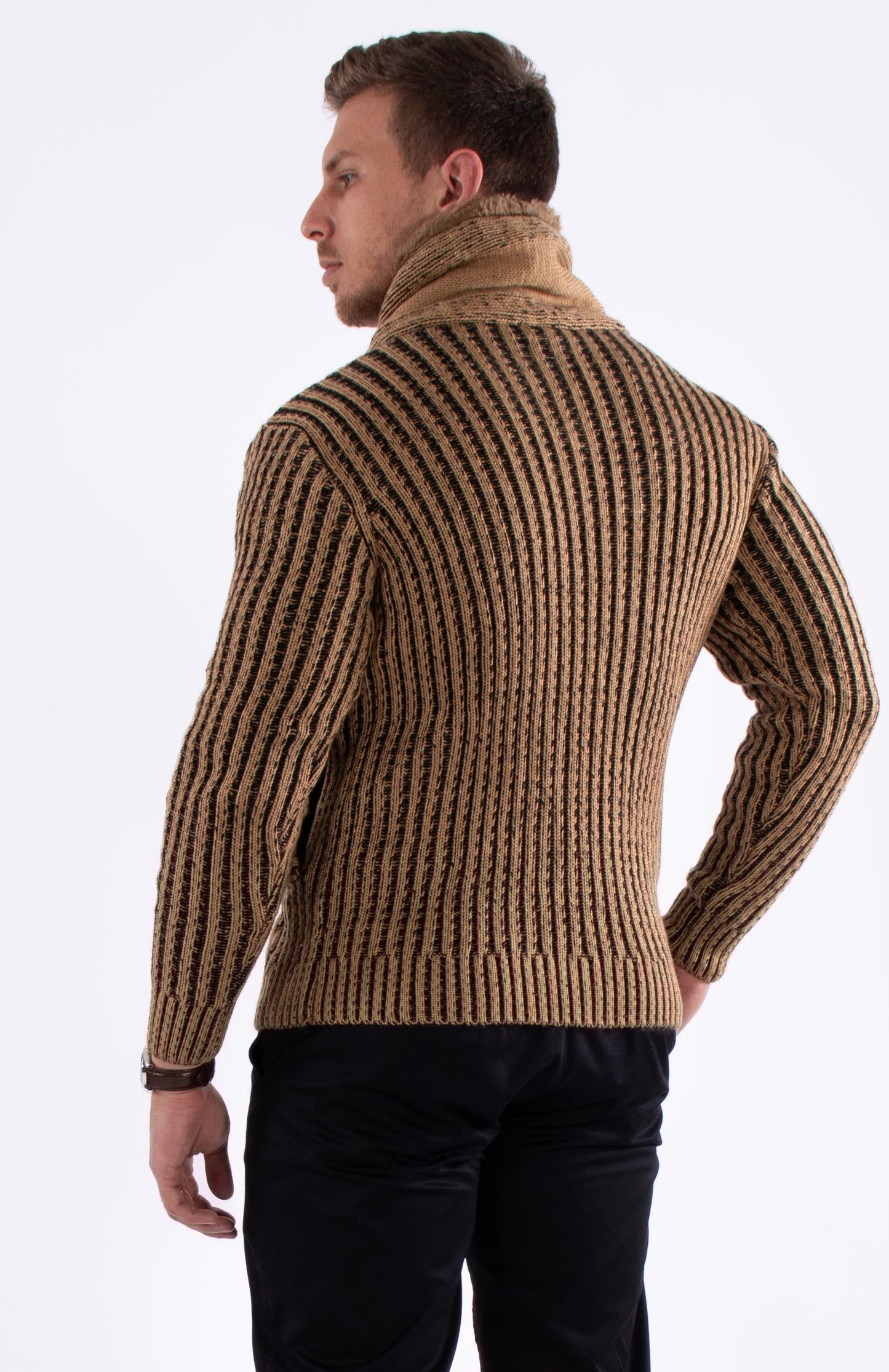 Bespoke faux fur lined collar herringbone slim fit sweater - Tan