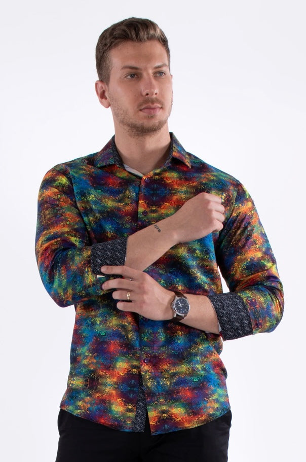 Bespoke Moda long sleeve button up dress shirt. Multi watercolors