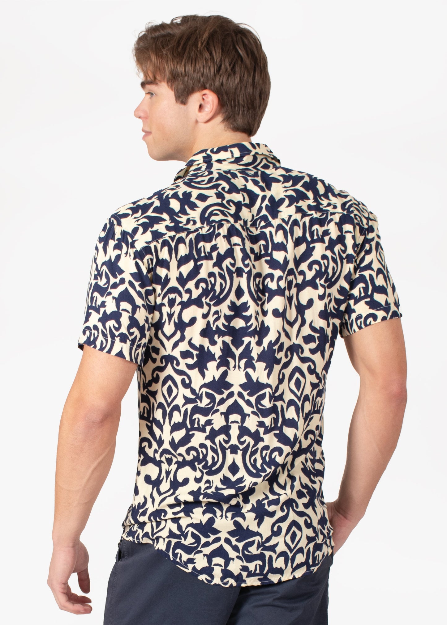 Bespoke short sleeve dress shirt. Navy abstract