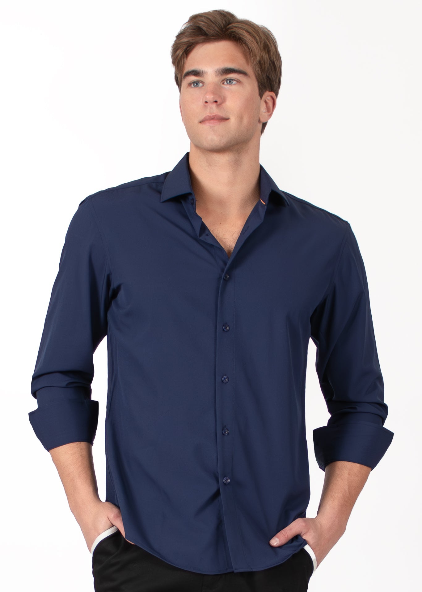 Bespoke Solid essential long sleeve button up dress shirt - Navy