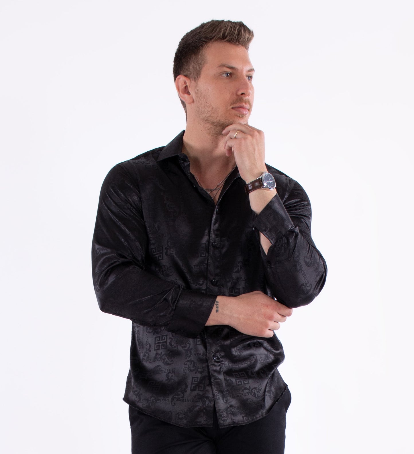 Bespoke Moda long sleeve button up dress shirt. Greek key black shine
