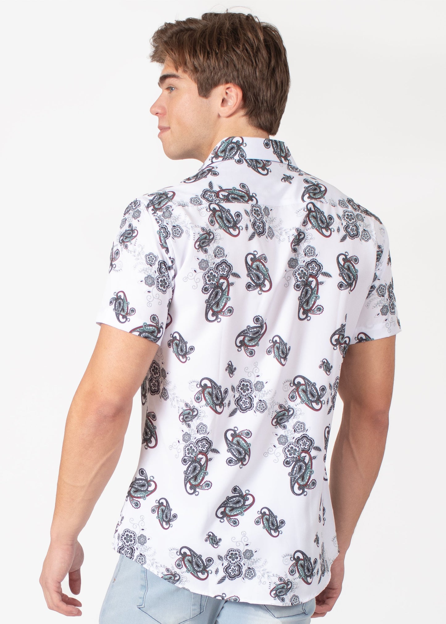 Bespoke short sleeve dress shirt. White Abstract paisley