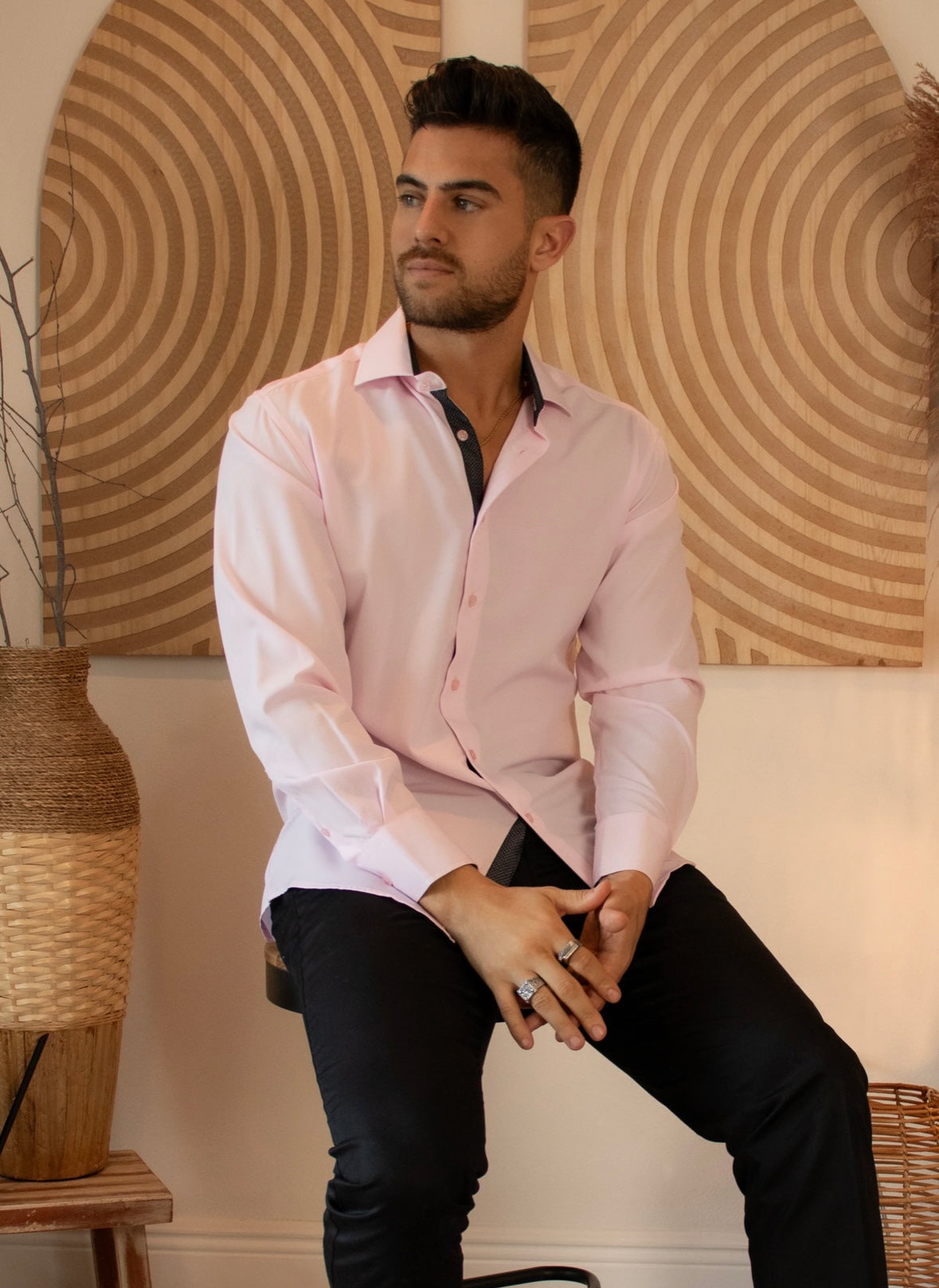 Bespoke Performance stretch fit long sleeve button up dress shirt. Pink