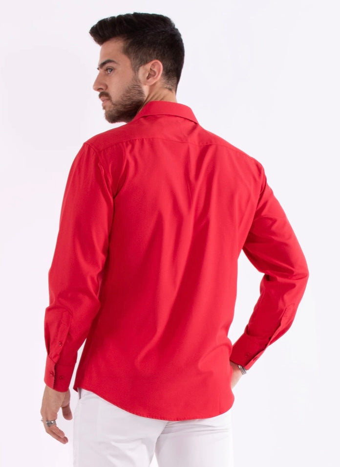 Bespoke Performance stretch fit long sleeve button up dress shirt. Red