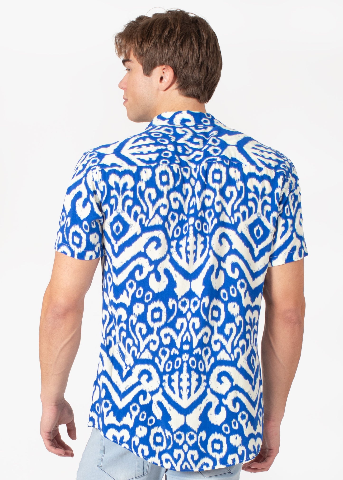 Bespoke short sleeve dress shirt. Geo print royal