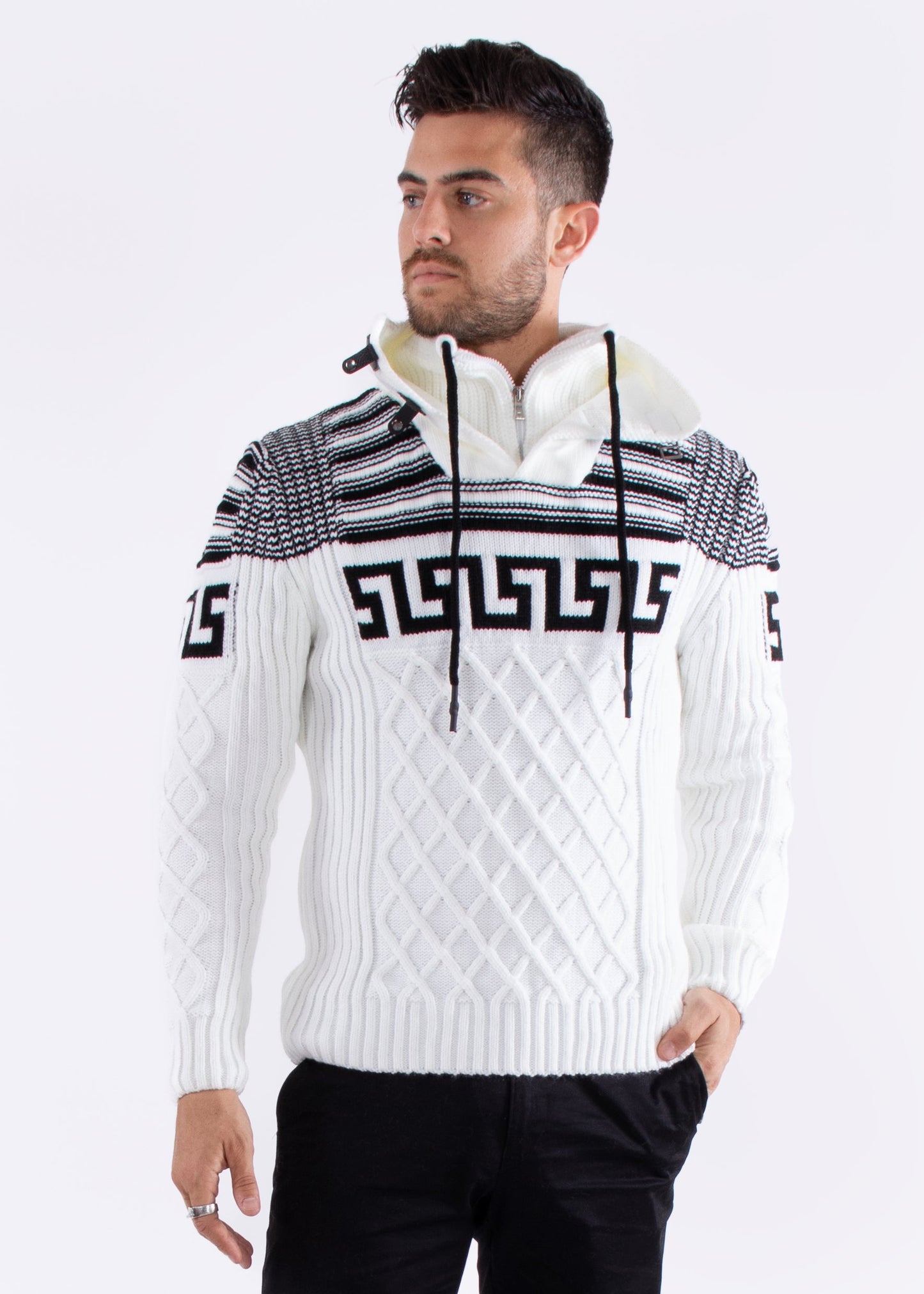 Bespoke zip collar cable knit greek key pullover slim fit sweater