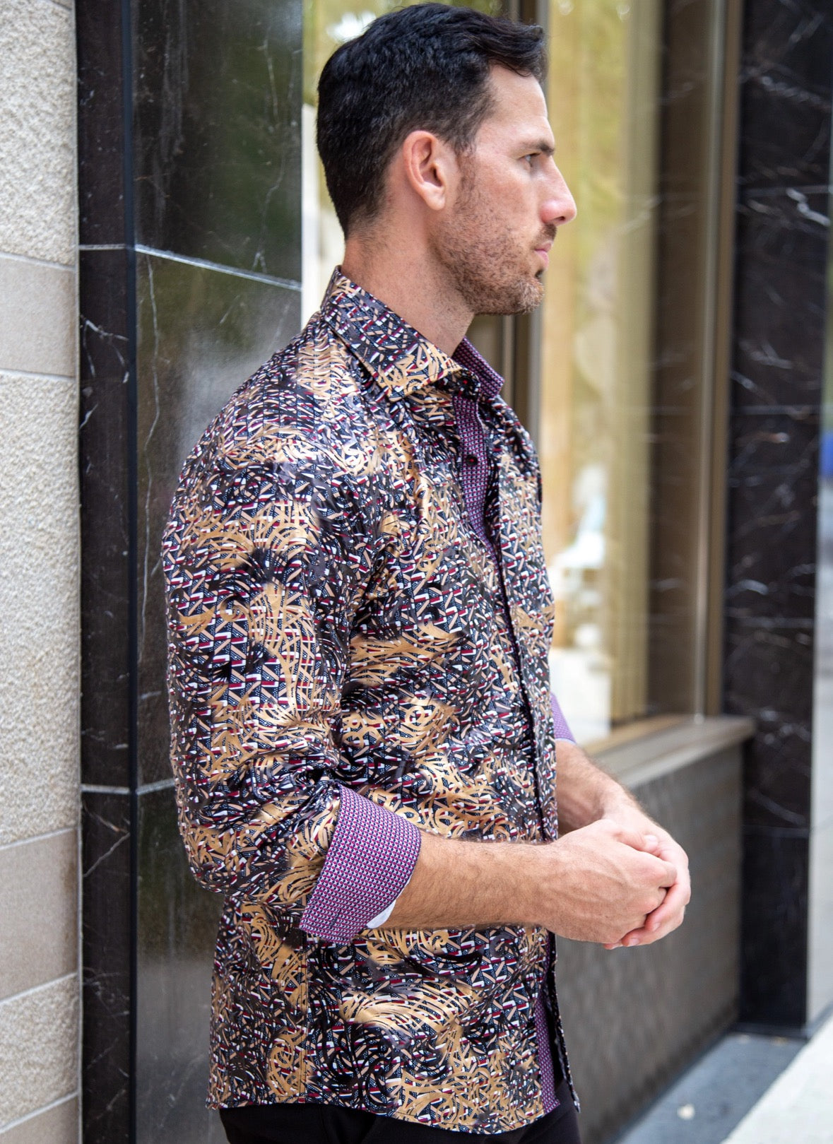 Bespoke Moda long sleeve button up dress shirt. Black metalic floral