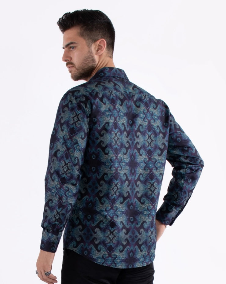 Bespoke Moda long sleeve button up dress shirt. Navy & green retro