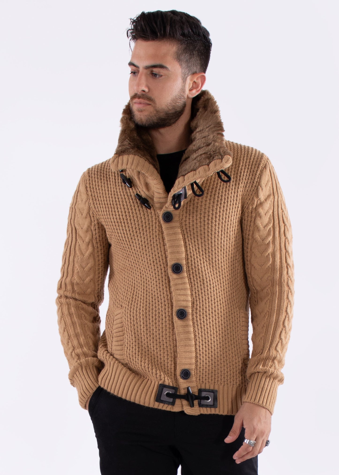 Bespoke Faux fur-lined collar button up slim fit sweater