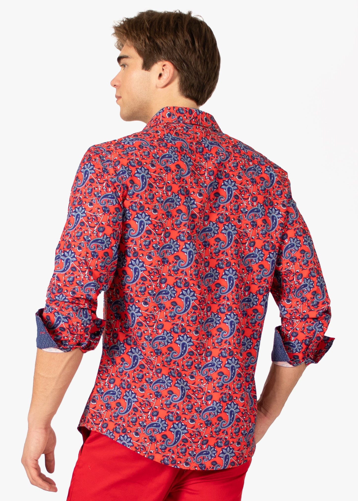 Bespoke Moda long sleeve button up dress shirt. Paisley red