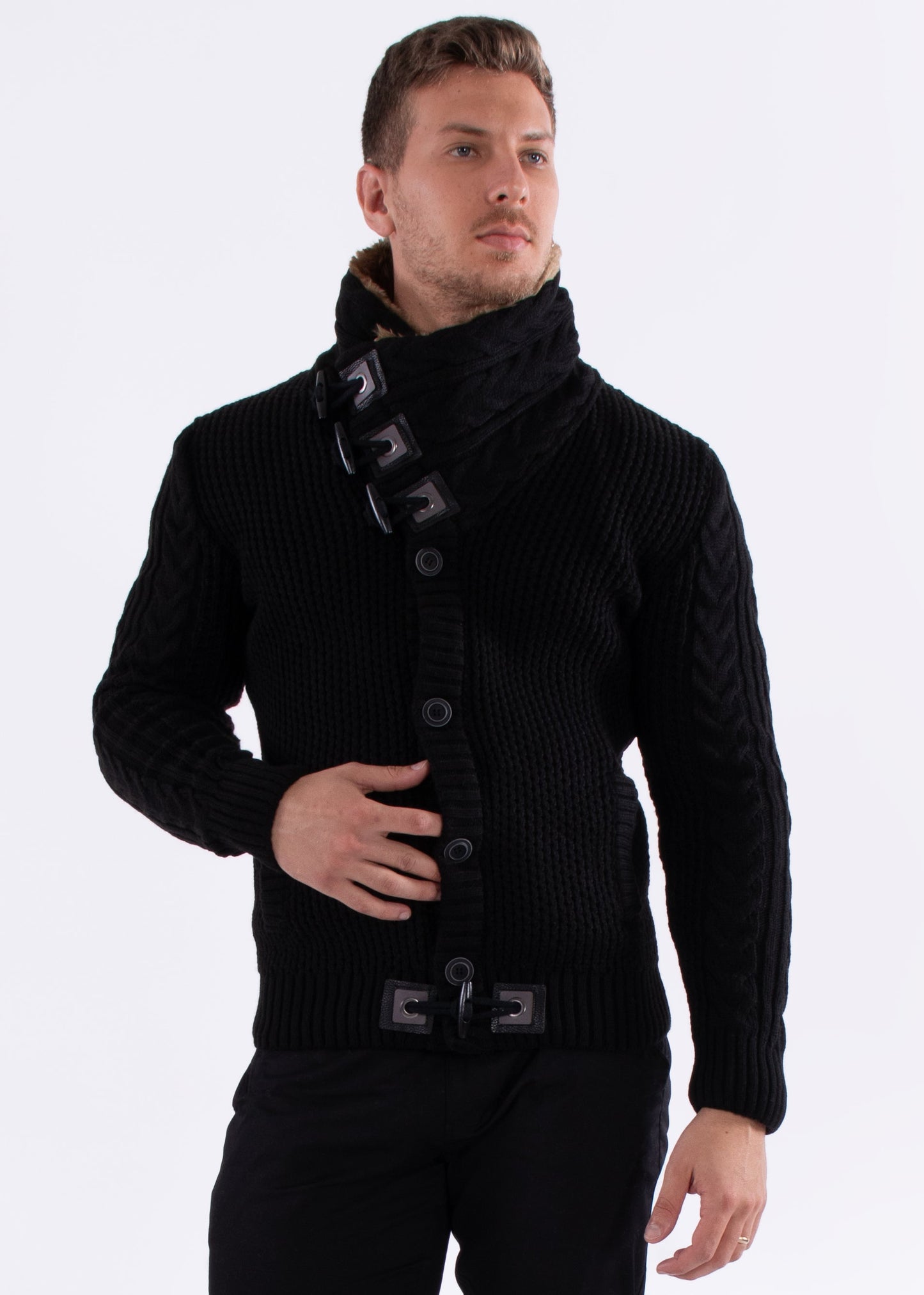 Bespoke Faux fur-lined collar button up slim fit sweater
