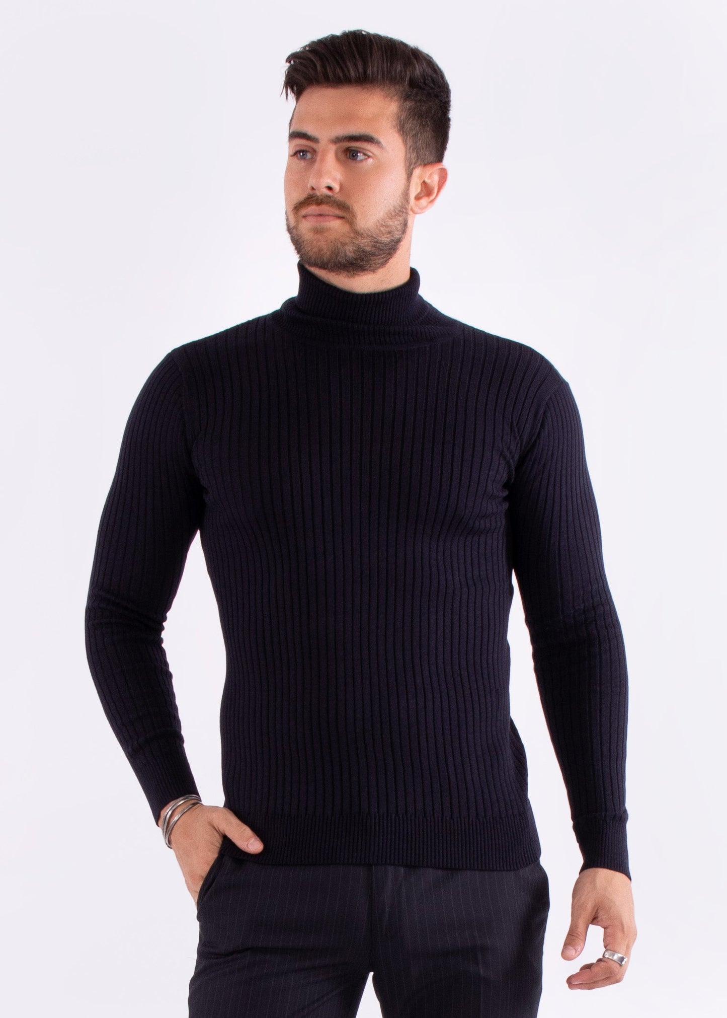 Bespoke turtleneck ribbed European slim fit sweater - Navy