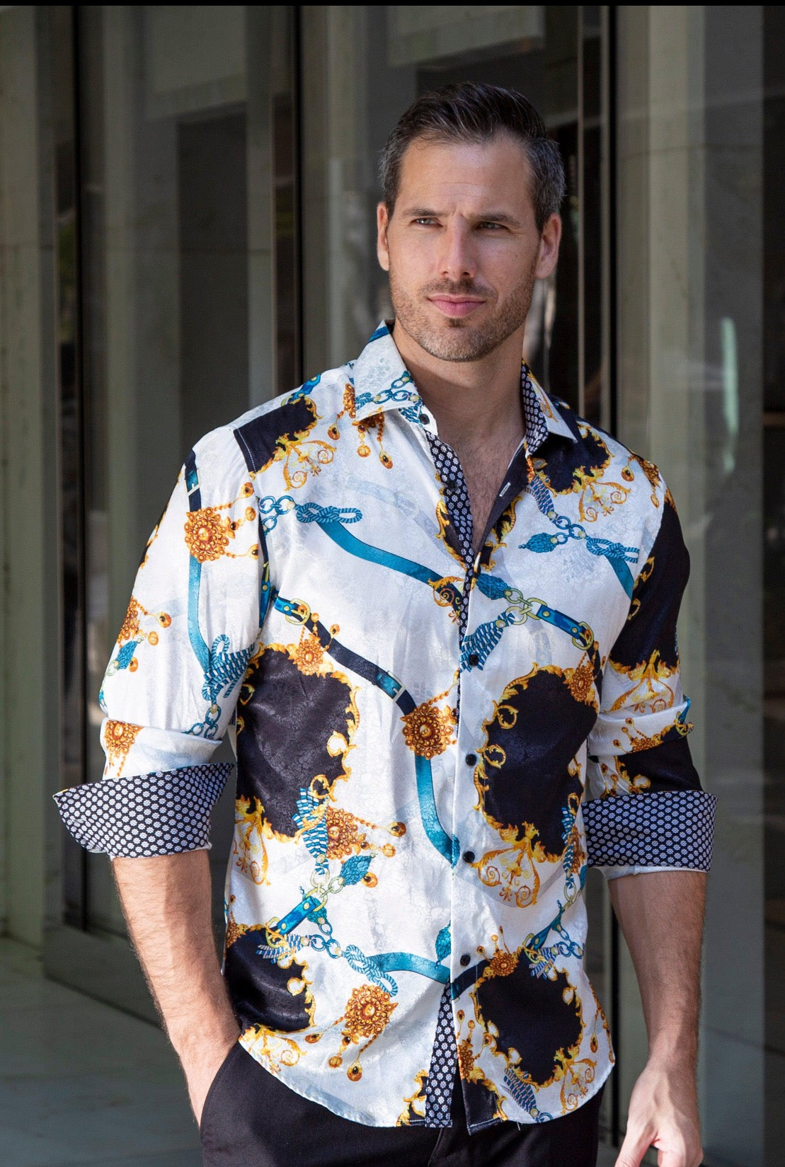 Bespoke Moda long sleeve button up dress shirt. White Baroque motif silk texture