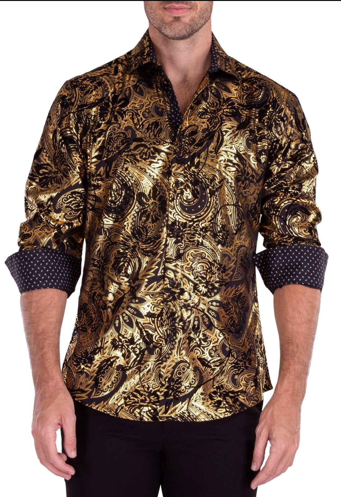 Bespoke Moda long sleeve button up dress shirt. Gold velvet texture mandala flower
